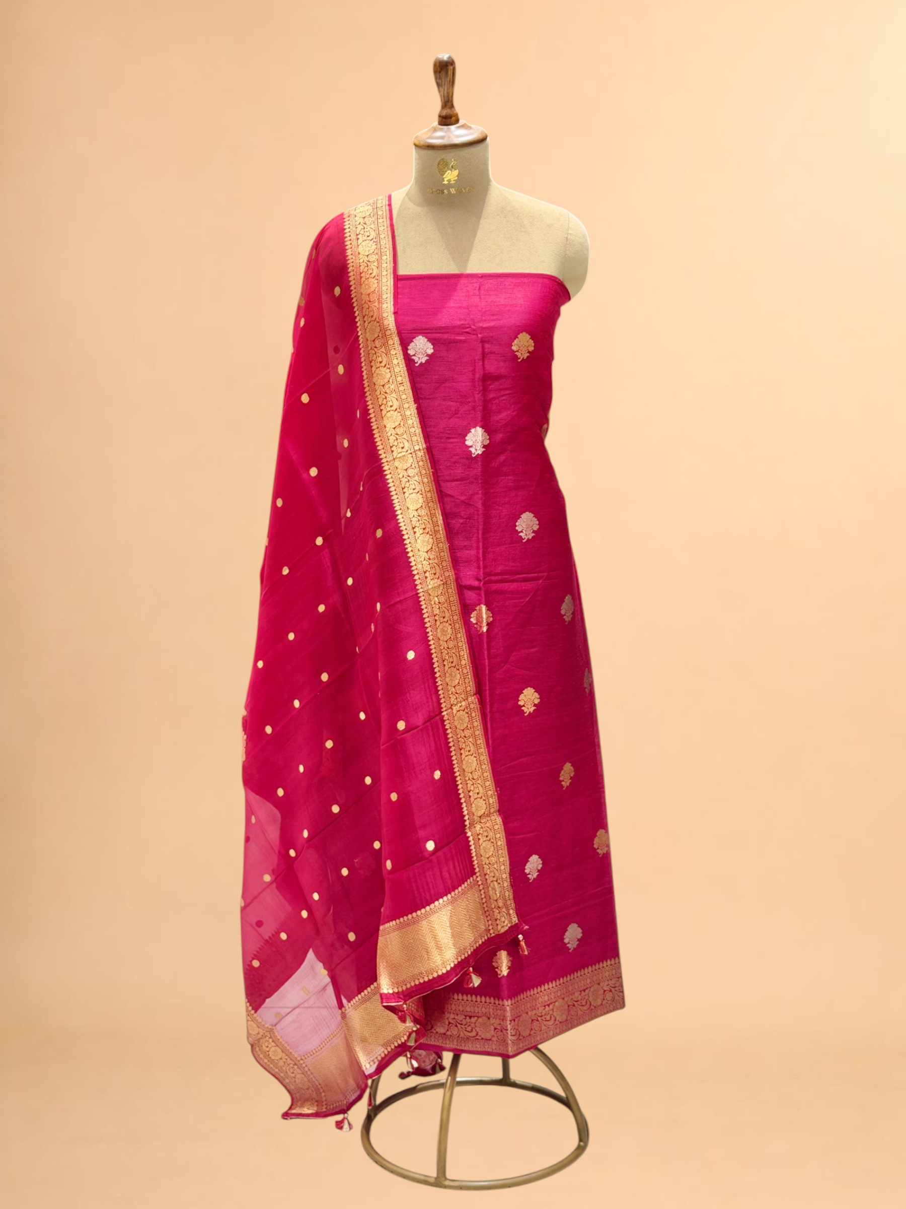 Deep Pink Linen Floral Suit Set with Organza Dupatta