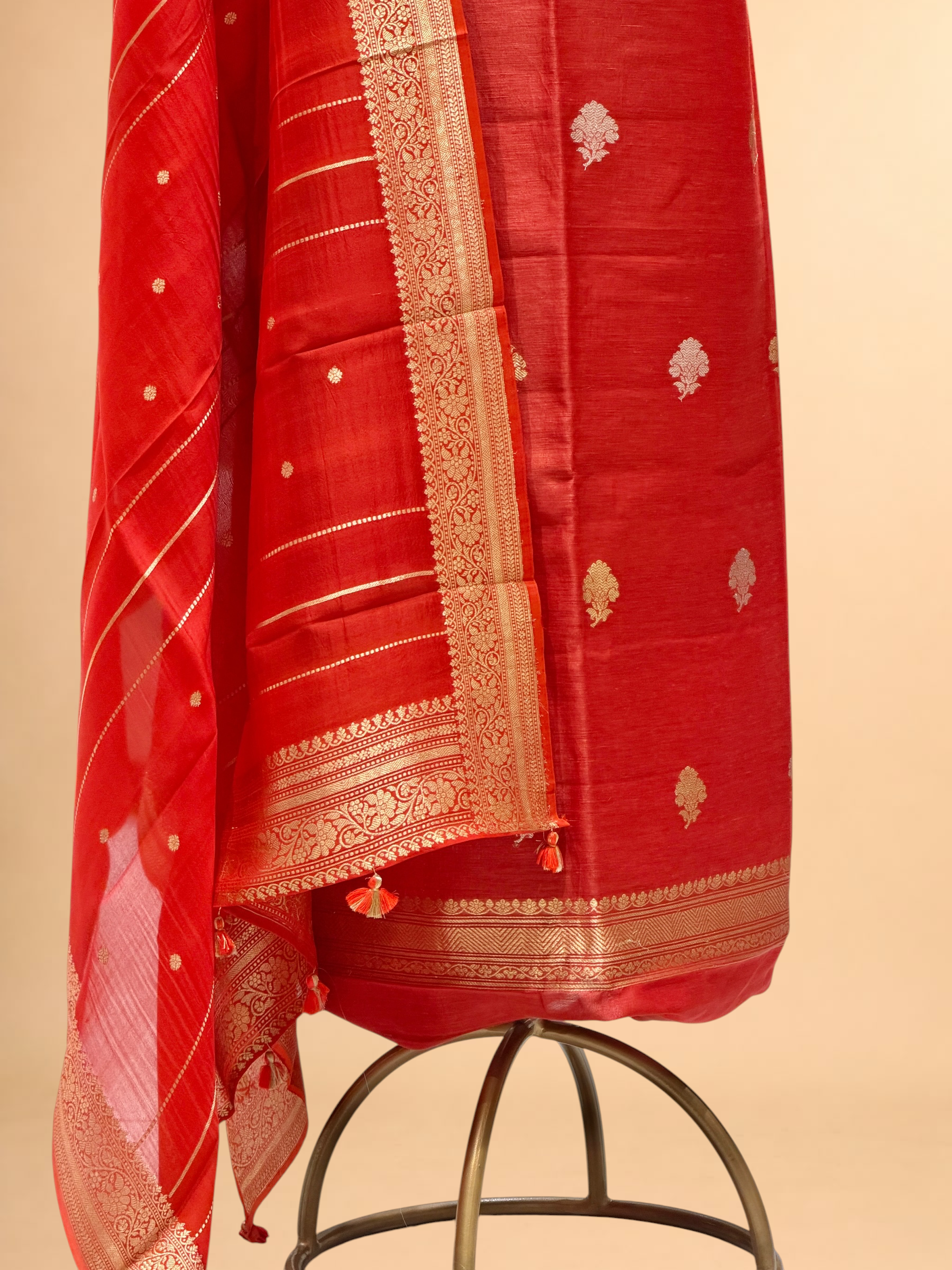 Deep Red Linen Floral Suit Set with Organza Dupatta
