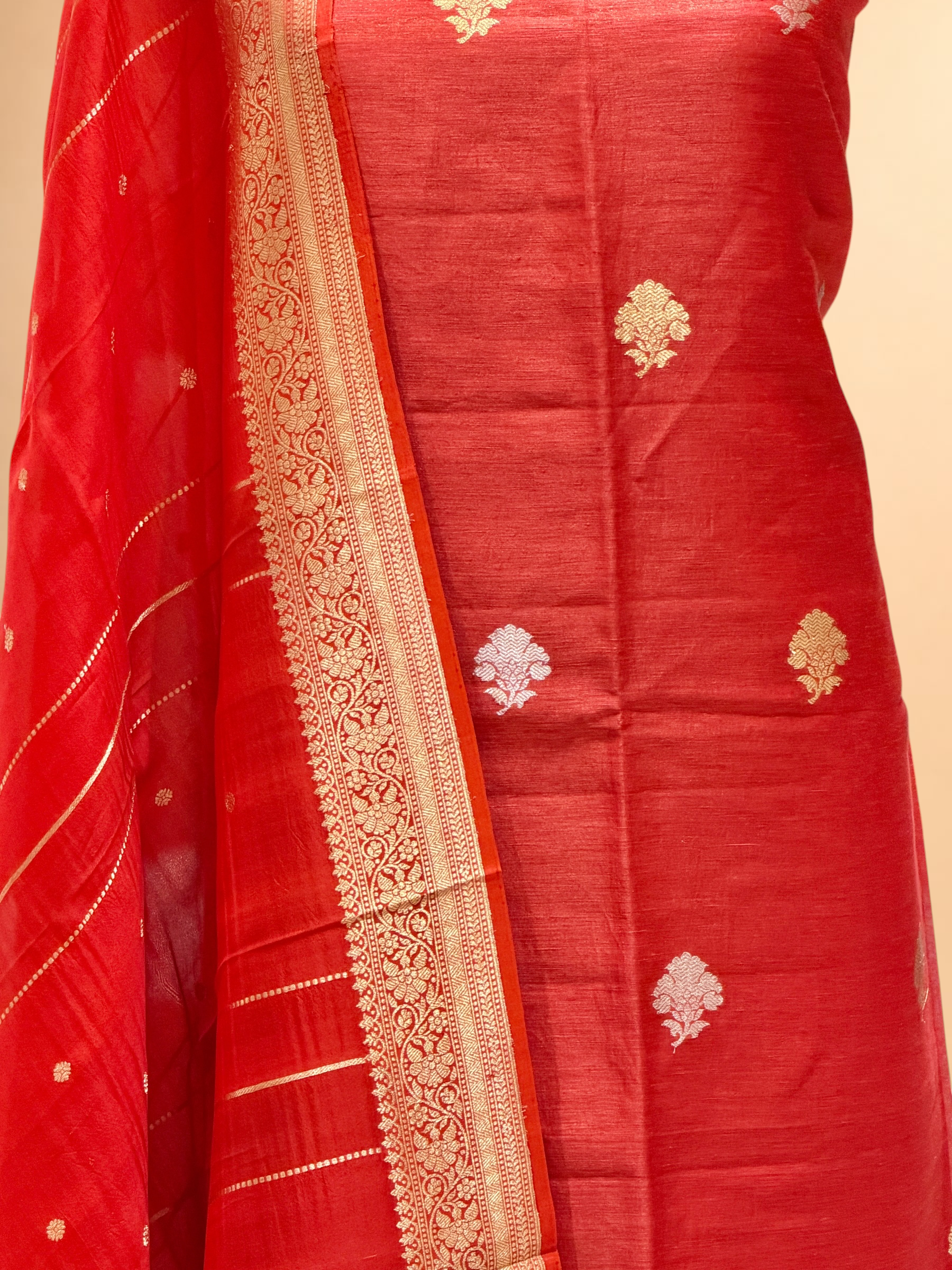 Deep Red Linen Floral Suit Set with Organza Dupatta