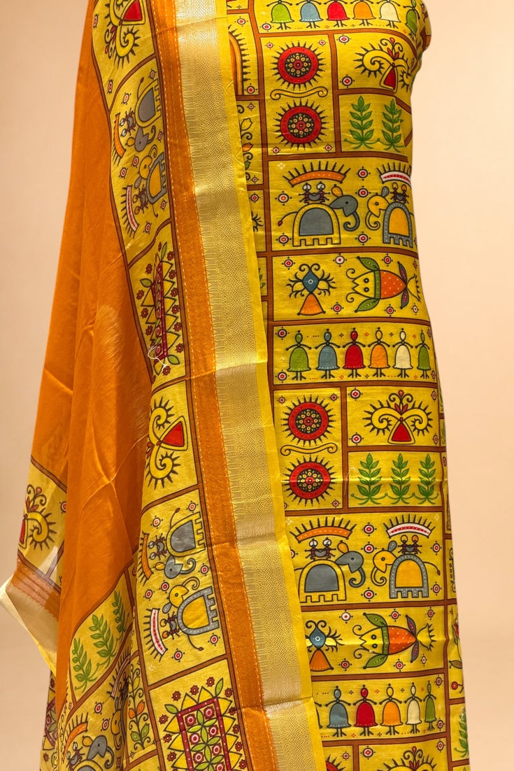 Mustard Yellow Printed Pure Mul Unstitched Suit Set
