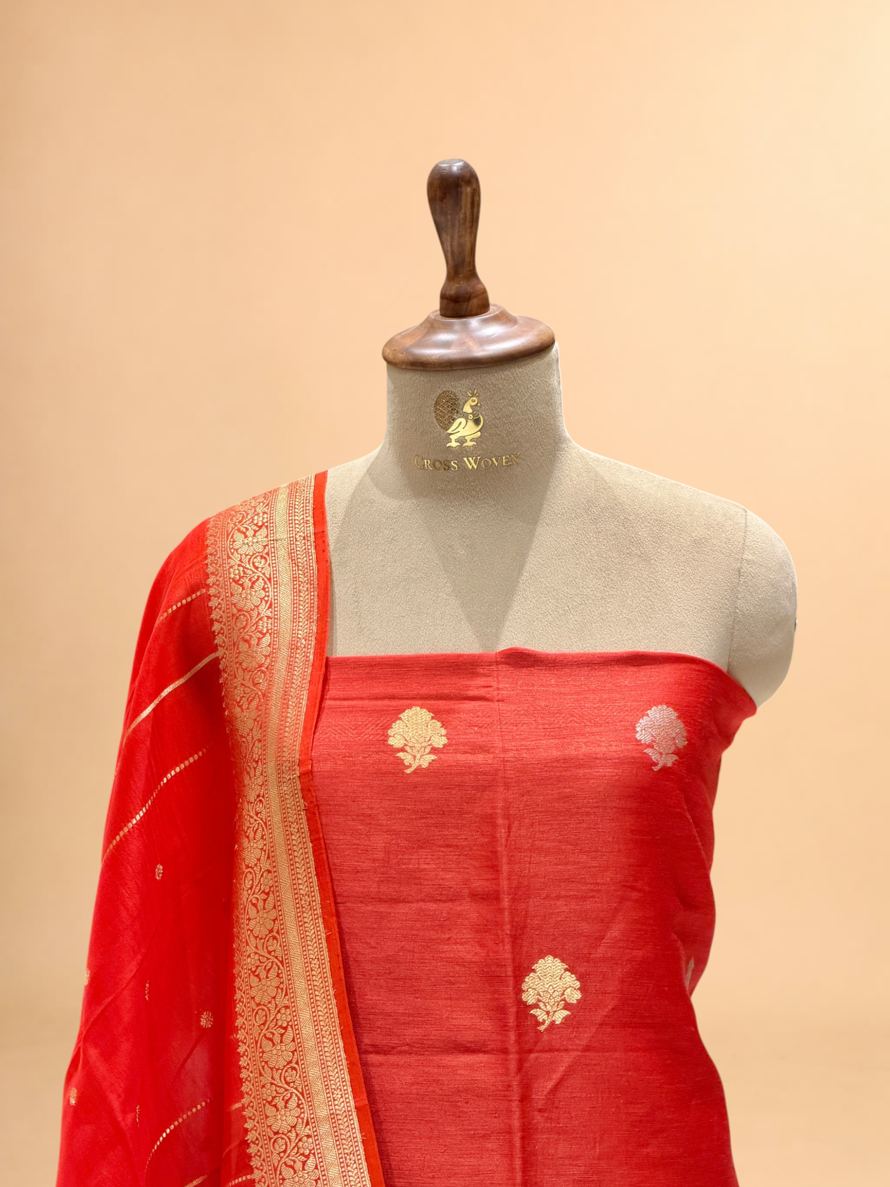 Deep Red Linen Floral Suit Set with Organza Dupatta