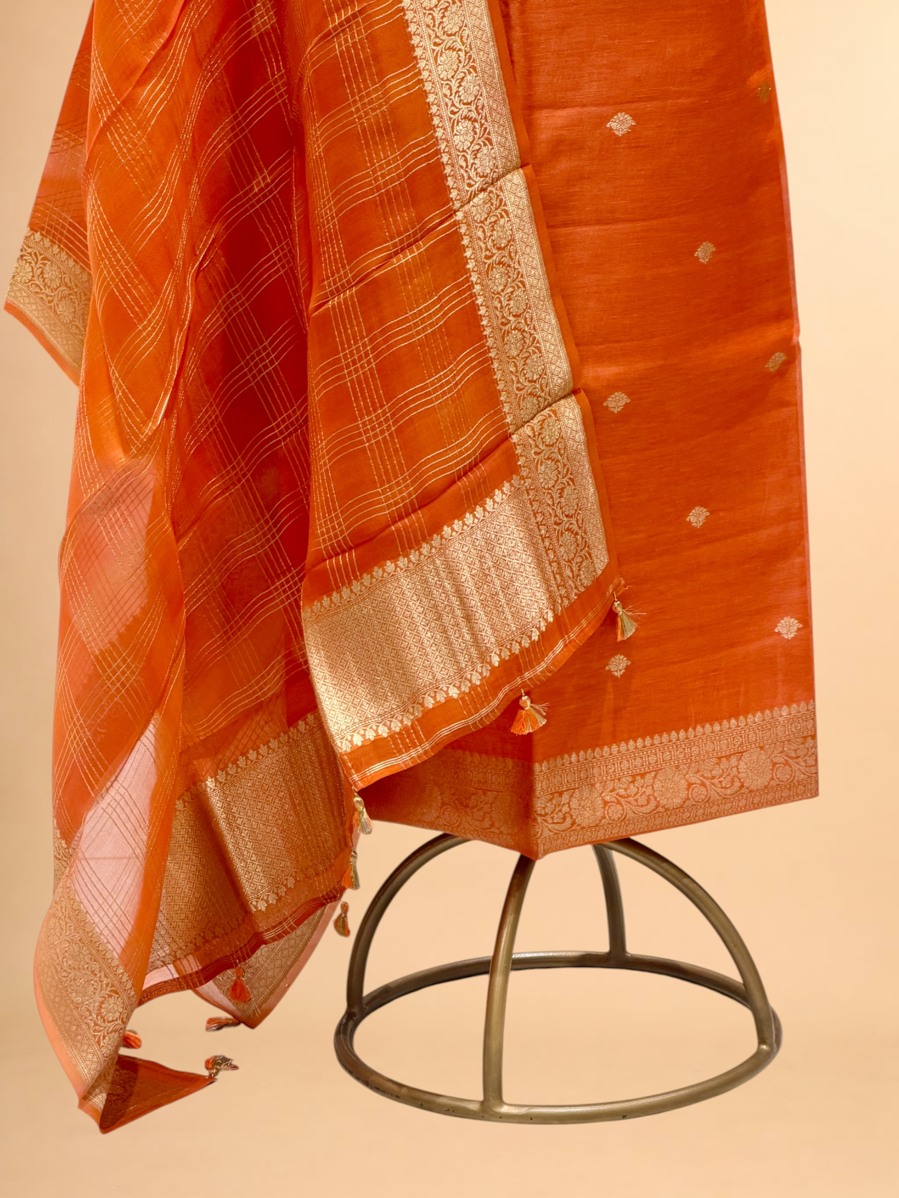 Burnt Orange Linen Floral Suit Set with Organza Dupatta