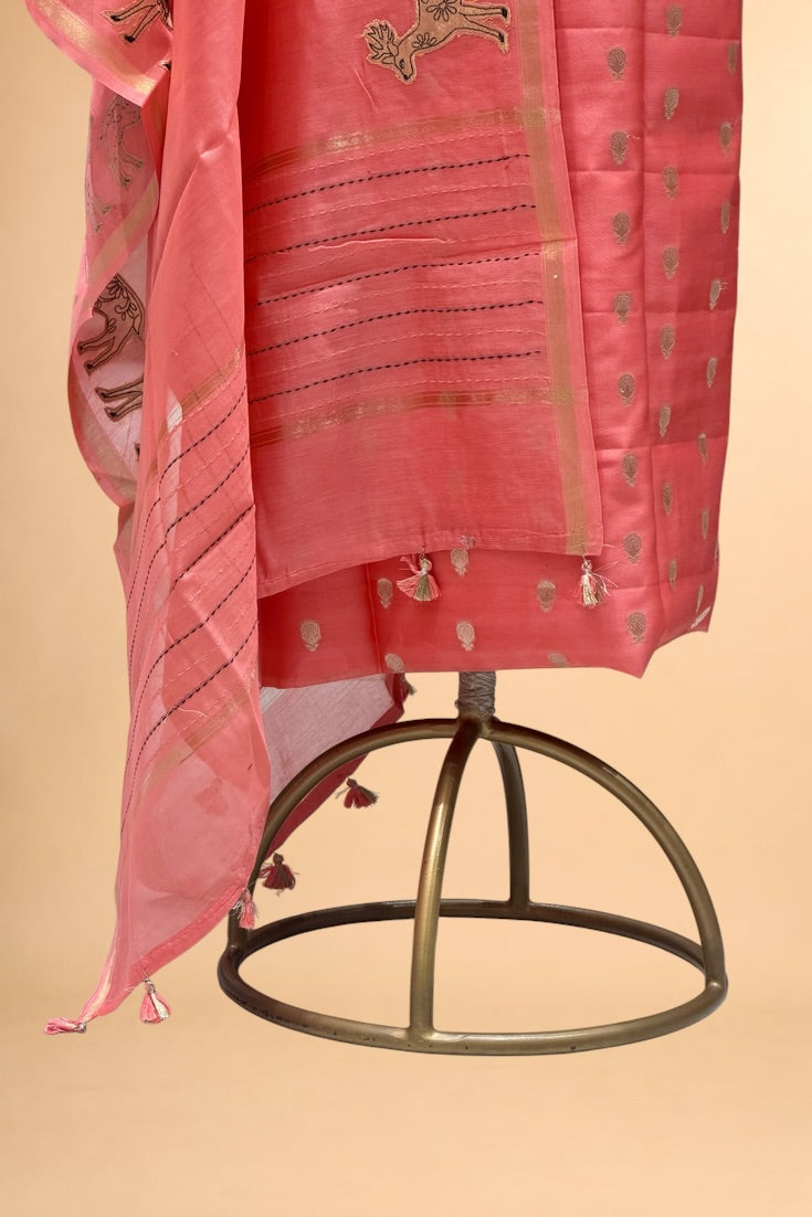 Coral Pink Pure Chanderi Silk Unstitched Suit Set with Tissue Appliqué Dupatta
