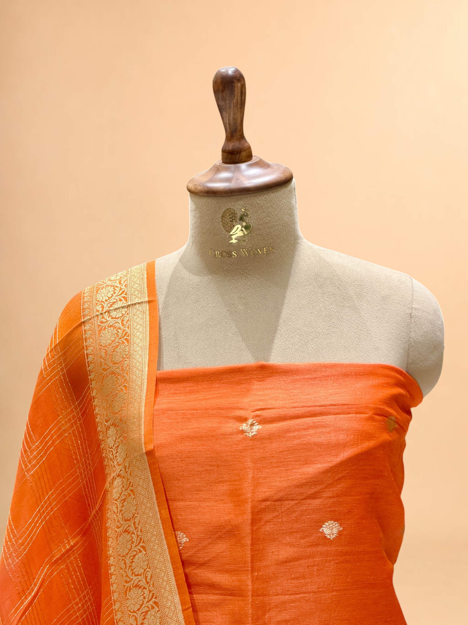 Burnt Orange Linen Floral Suit Set with Organza Dupatta