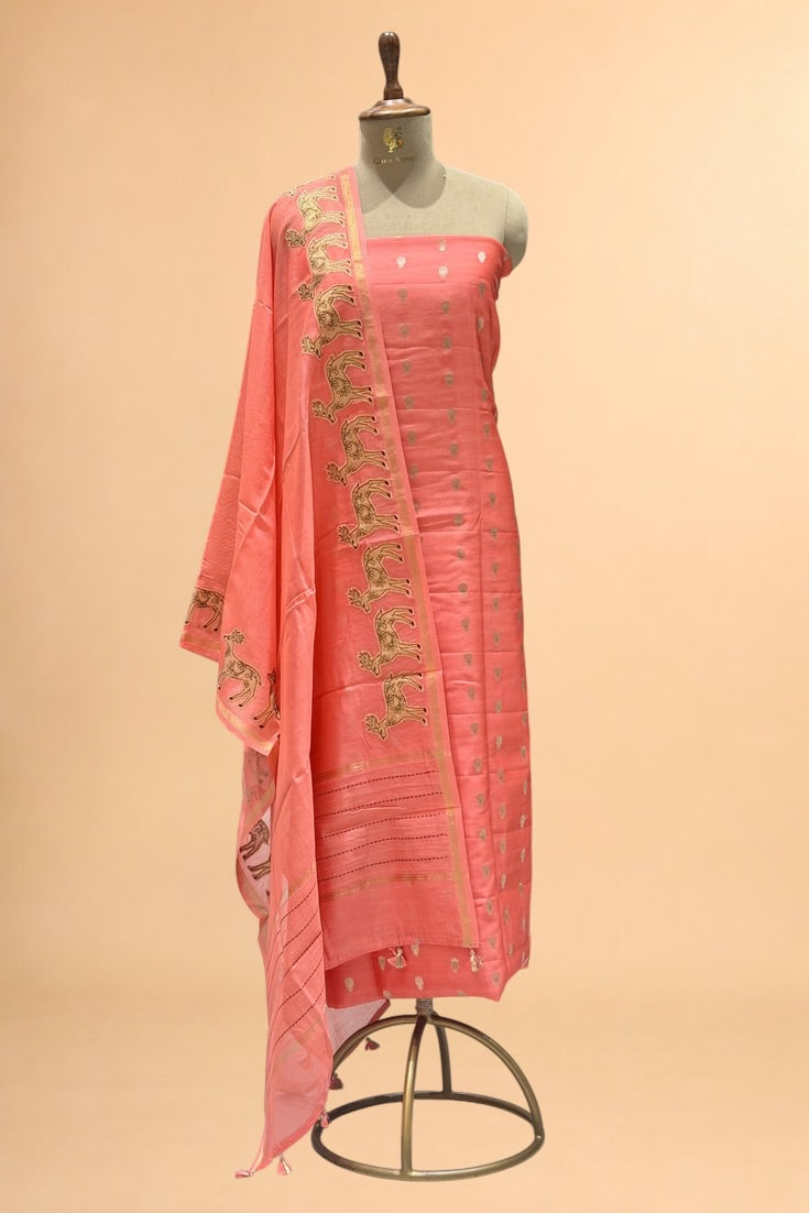Coral Pink Pure Chanderi Silk Unstitched Suit Set with Tissue Appliqué Dupatta