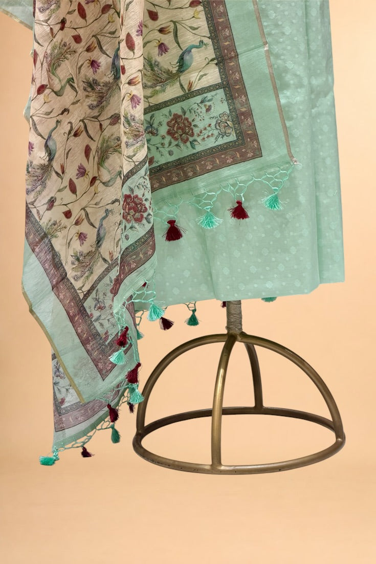 Mint Green Pure Cotton Unstitched Suit Set with Linen Dupatta