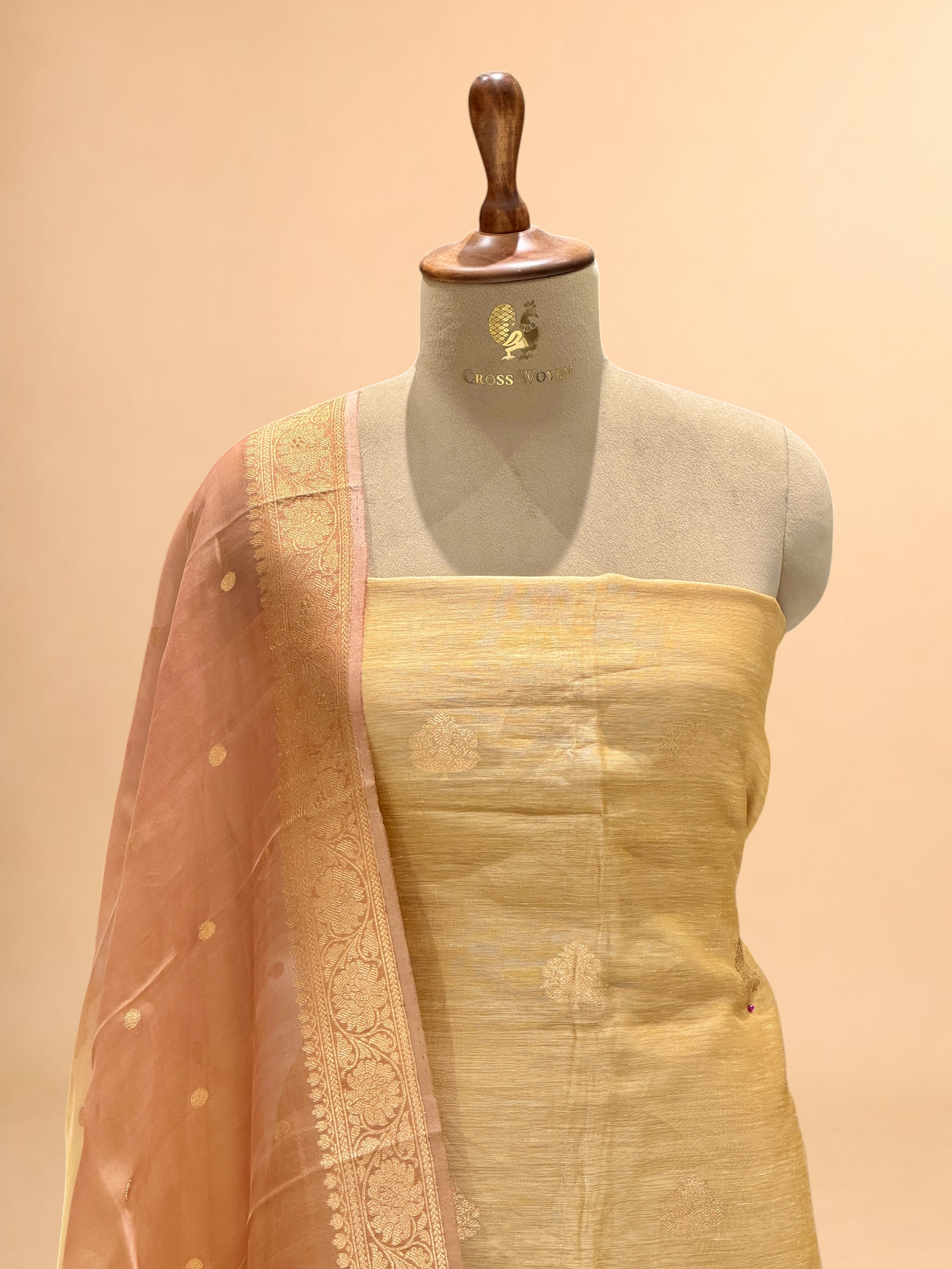 Dusty Gold Linen Floral Suit Set with ombré Dupatta