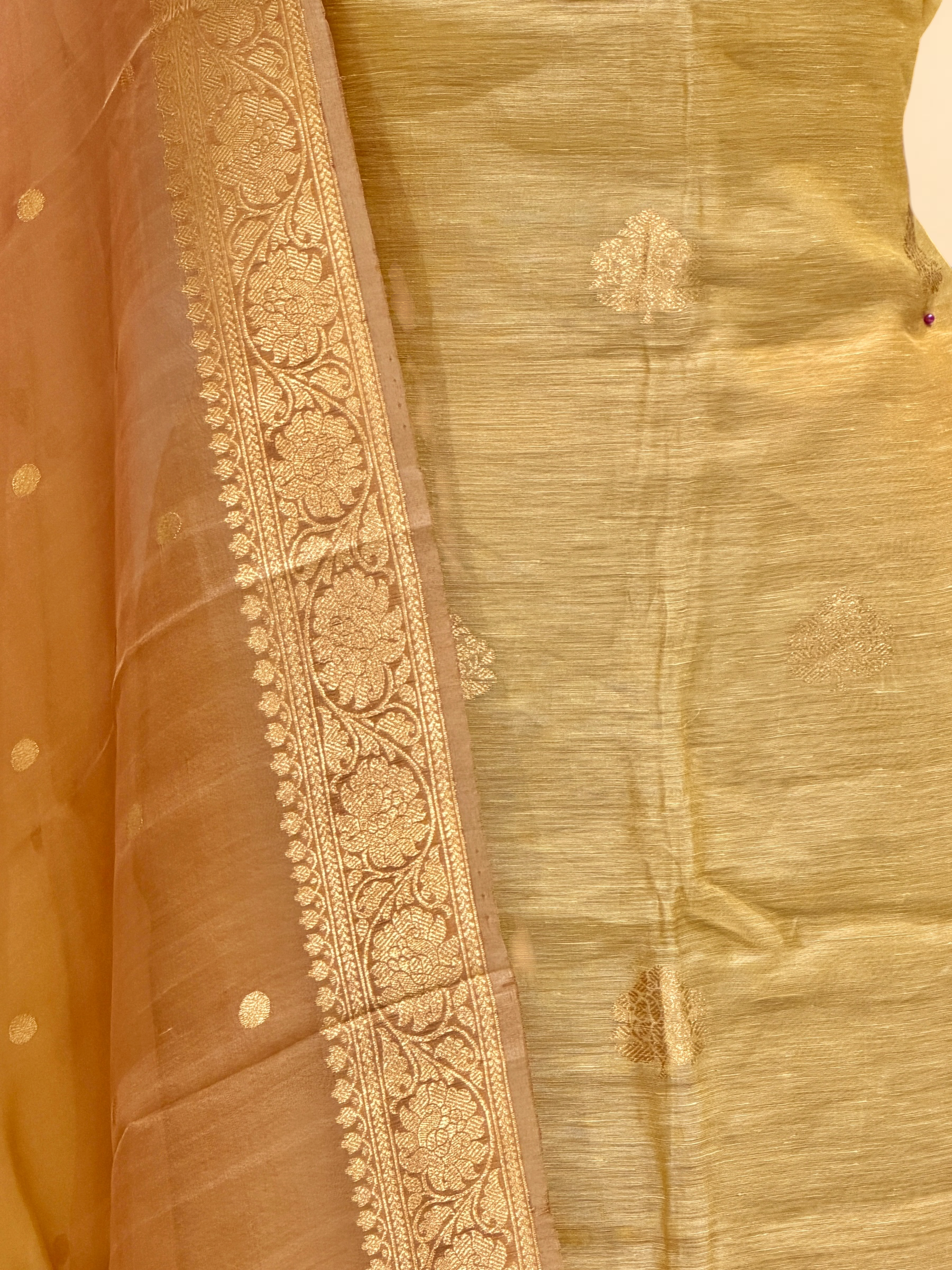 Dusty Gold Linen Floral Suit Set with ombré Dupatta