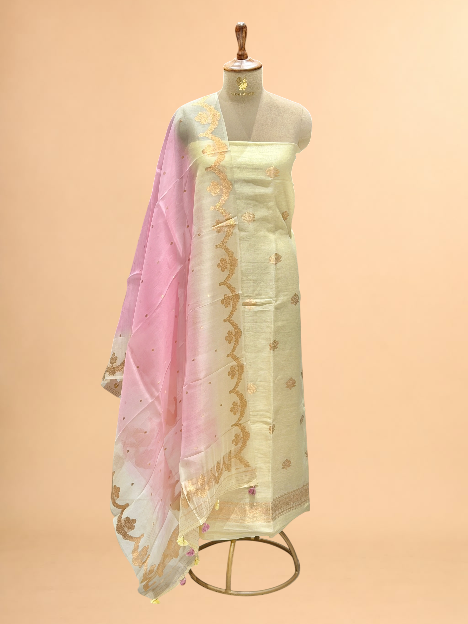 Off-White Linen Floral Suit Set with ombré Dupatta