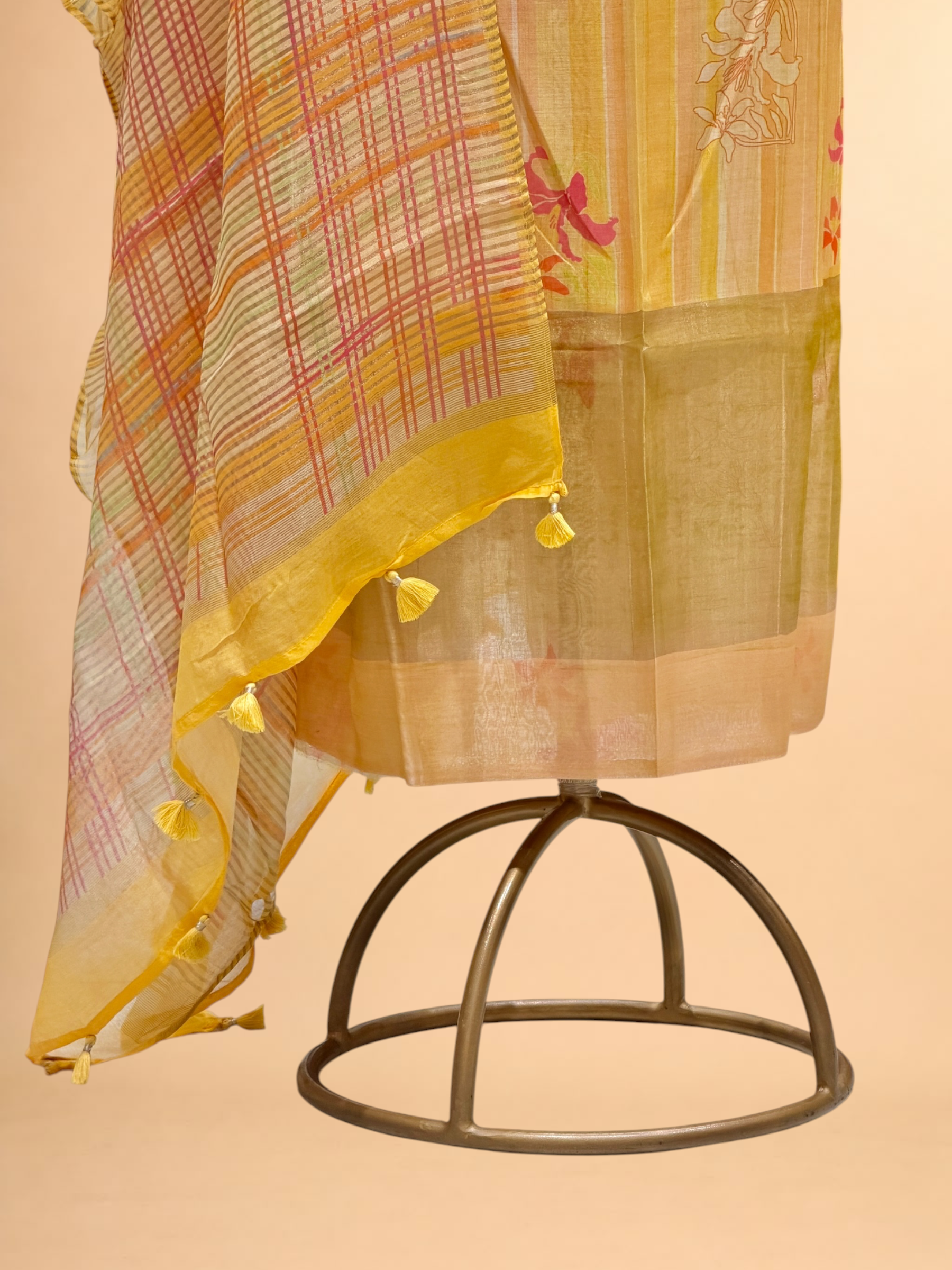 Pastel Lemon Yellow Mul Print Suit Set with Tissue Stripe Dupatta