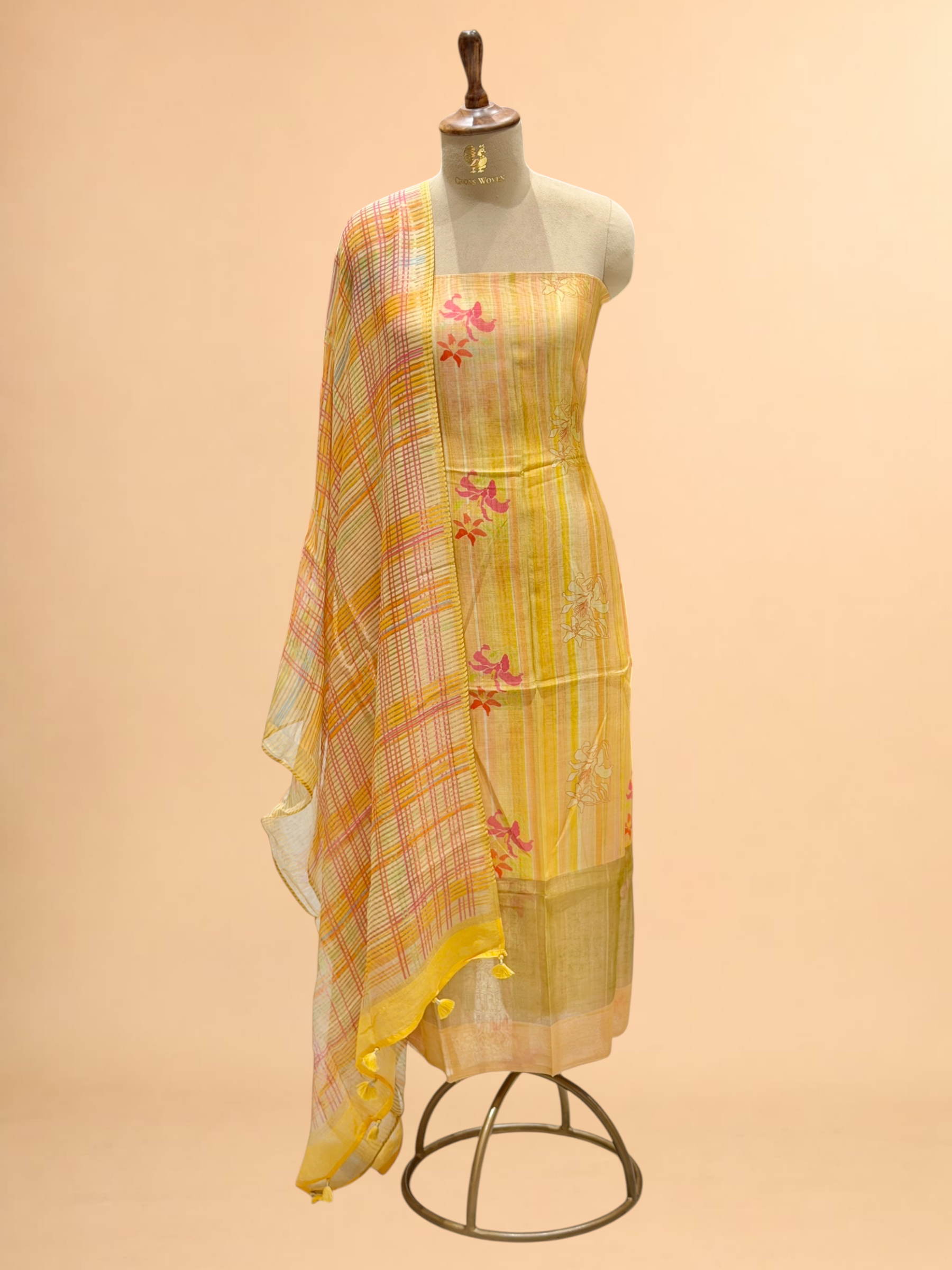 Pastel Lemon Yellow Mul Print Suit Set with Tissue Stripe Dupatta