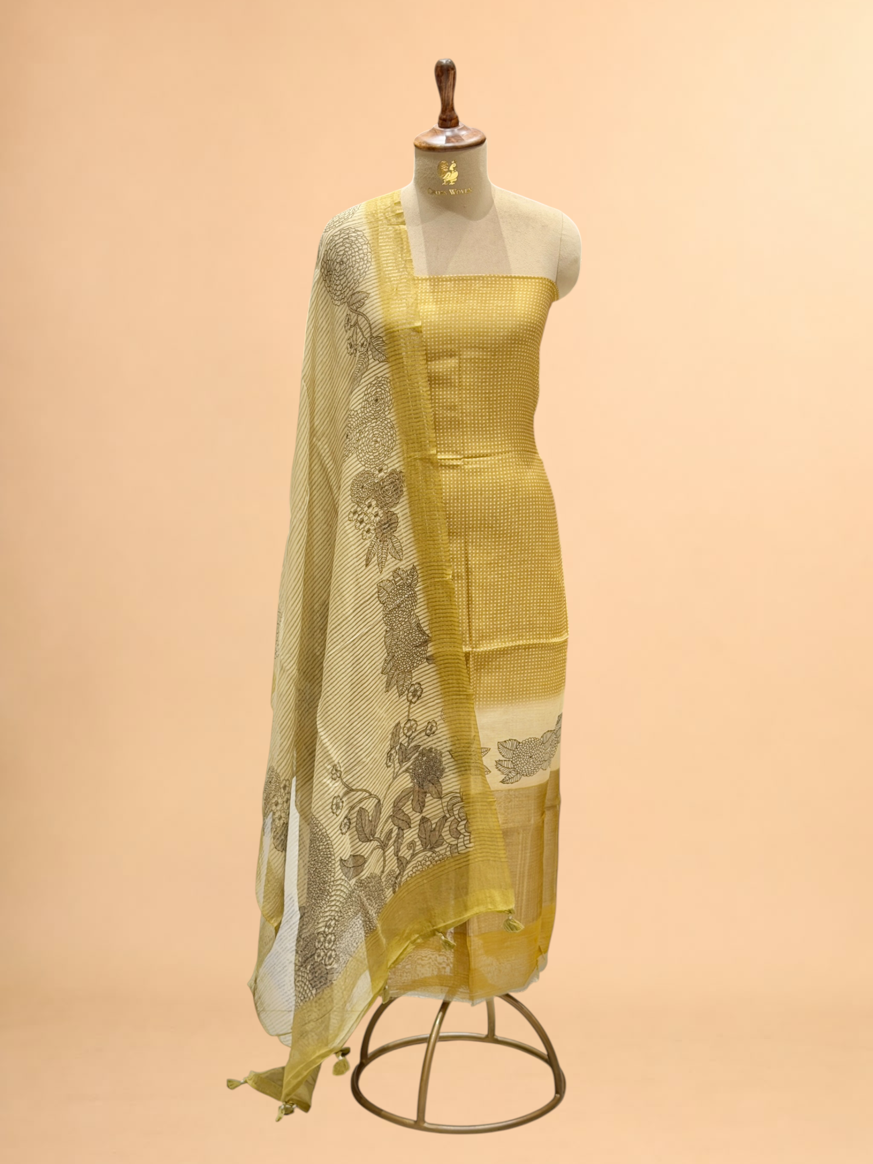 Honey Mustard Floral Printed Mul Suit Set with Printed Dupatta