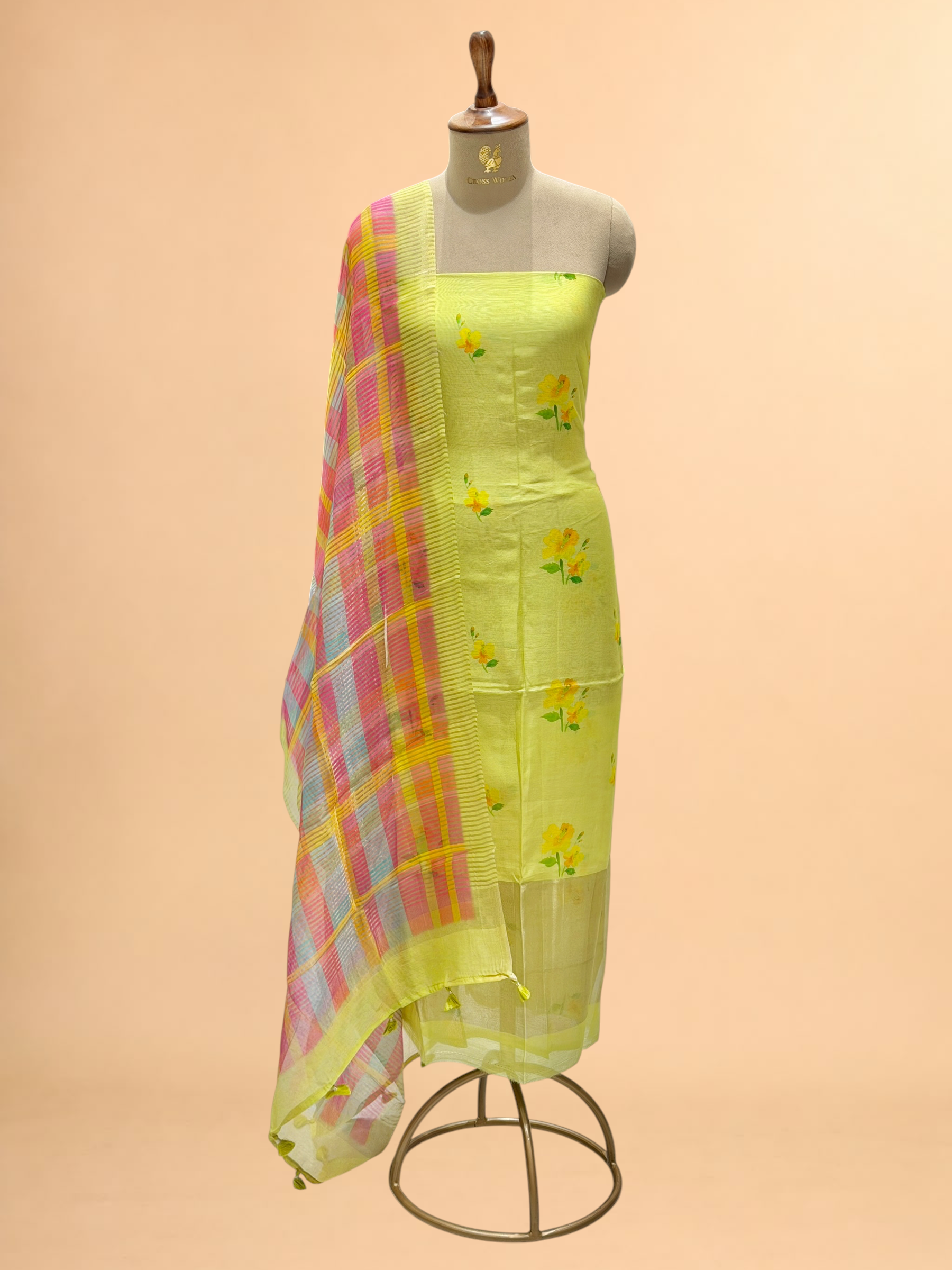 Lime Green Floral Printed Mul Suit Set with Checked Dupatta