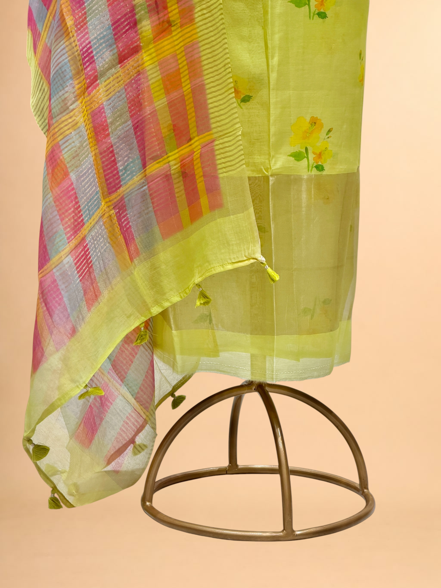 Lime Green Floral Printed Mul Suit Set with Checked Dupatta