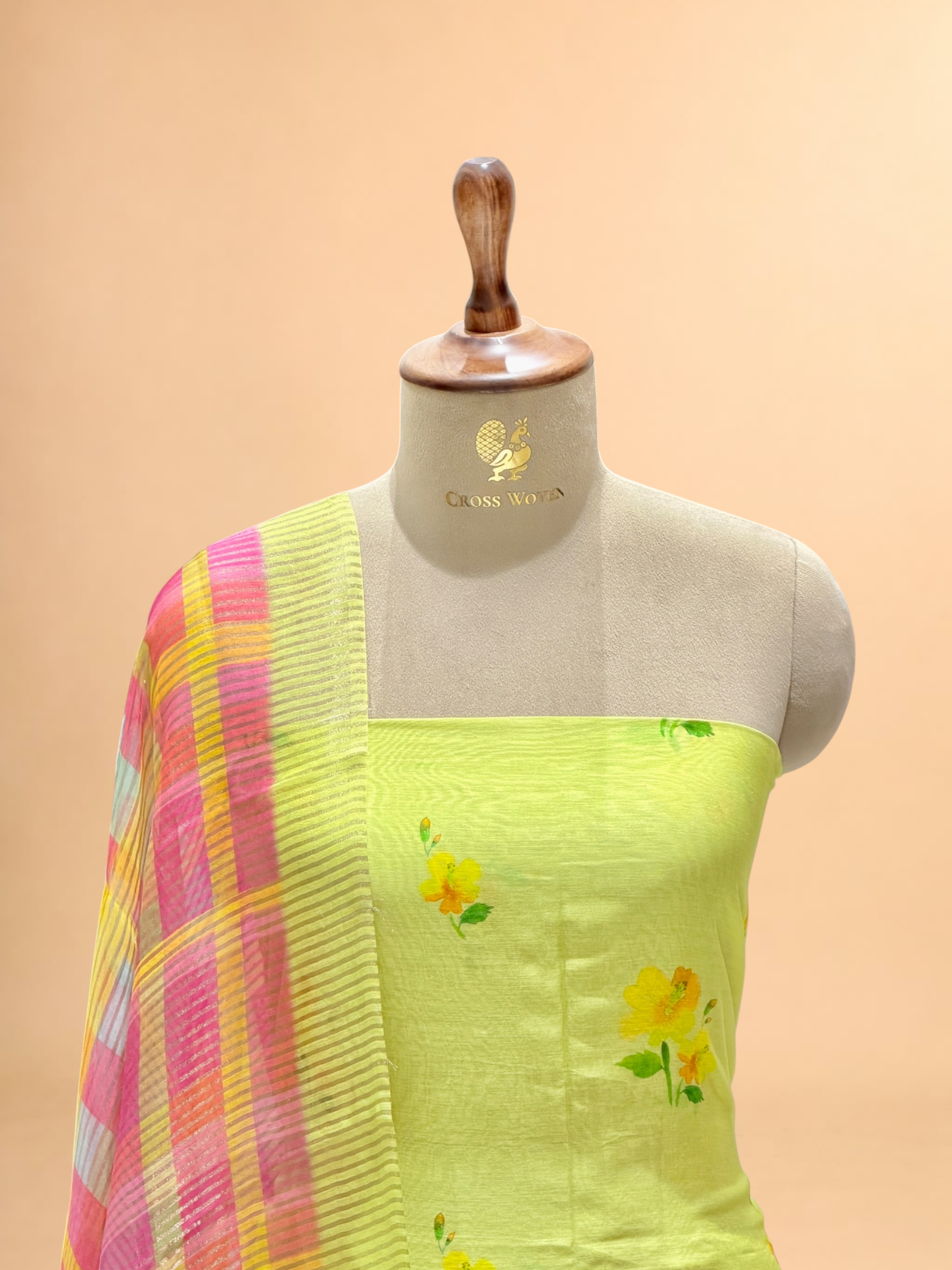 Lime Green Floral Printed Mul Suit Set with Checked Dupatta