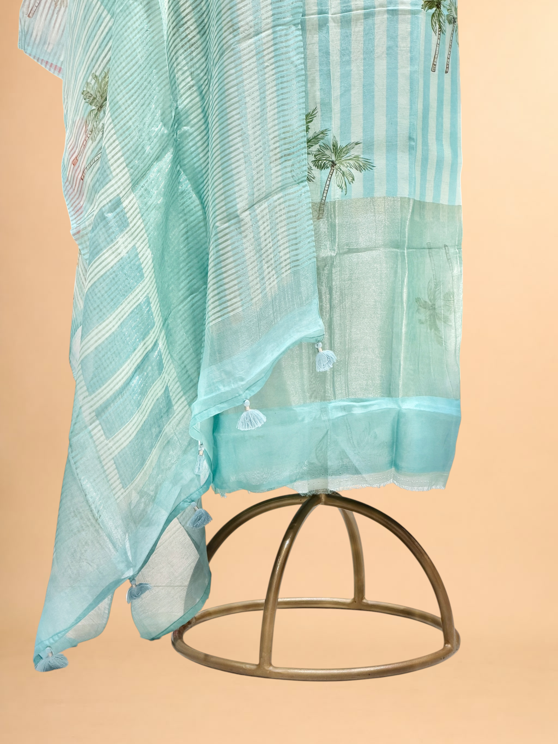 Sky Blue Palm Print Mul Suit Set with Tissue Stripe Dupatta