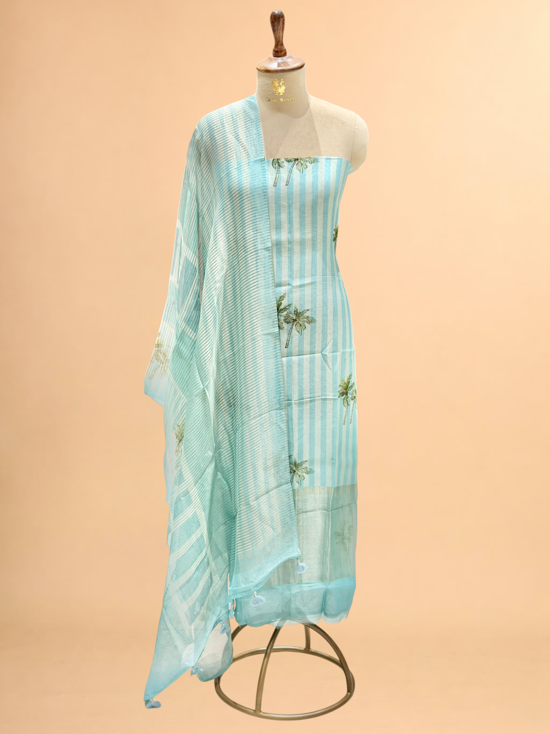 Sky Blue Palm Print Mul Suit Set with Tissue Stripe Dupatta
