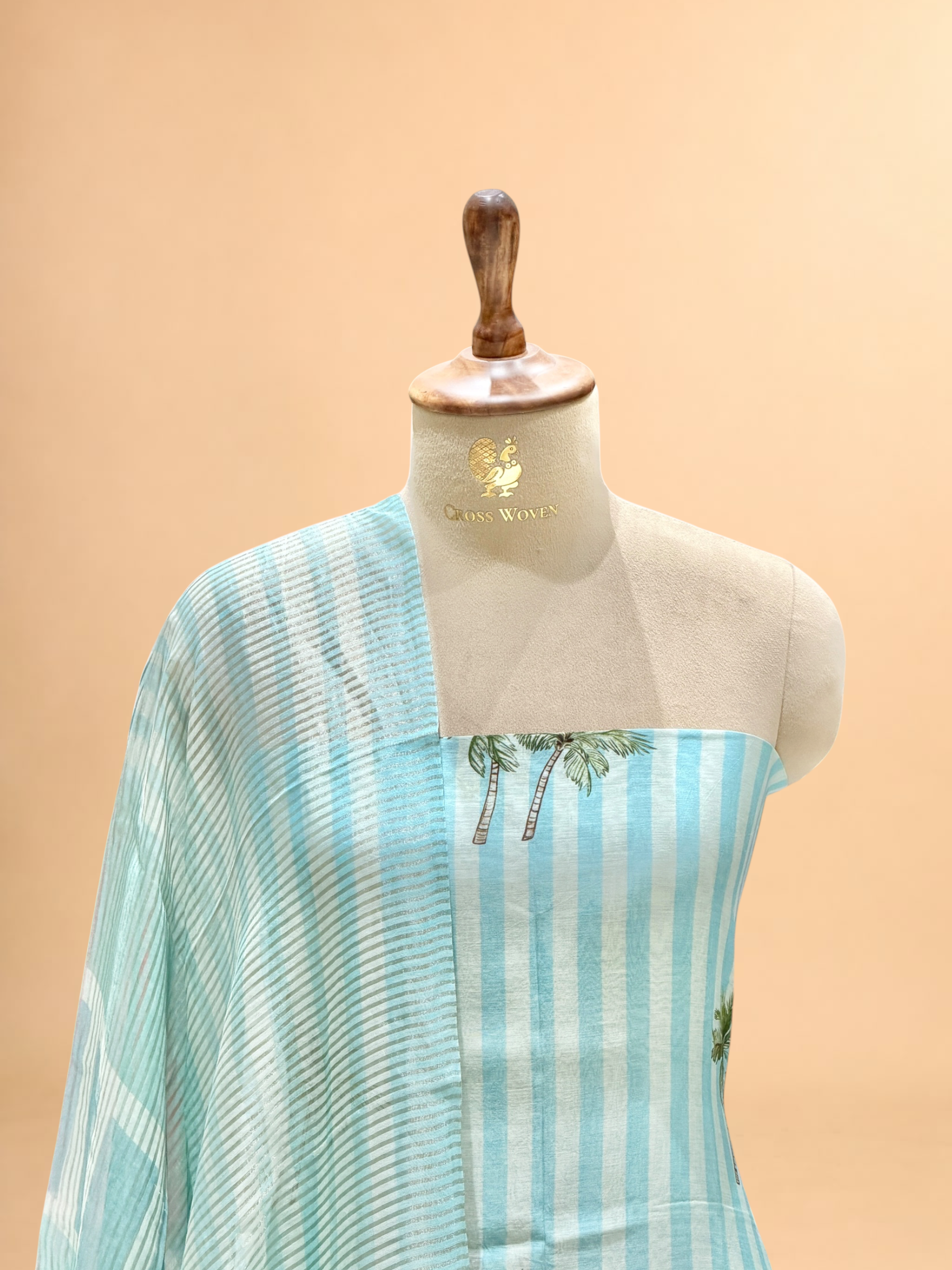 Sky Blue Palm Print Mul Suit Set with Tissue Stripe Dupatta
