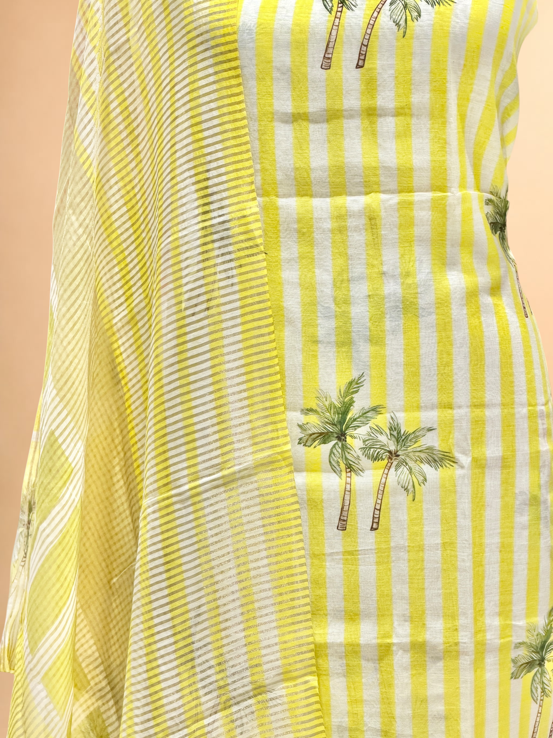 Sunshine Yellow Palm Print Mul Suit Set with Tissue Stripe Dupatta