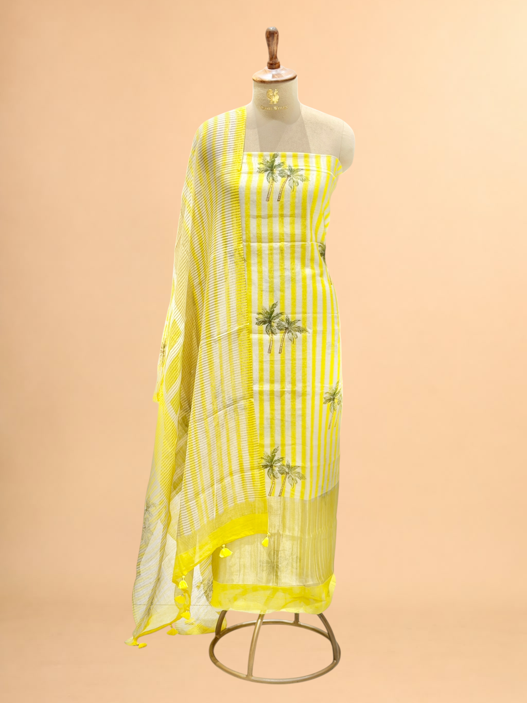 Sunshine Yellow Palm Print Mul Suit Set with Tissue Stripe Dupatta