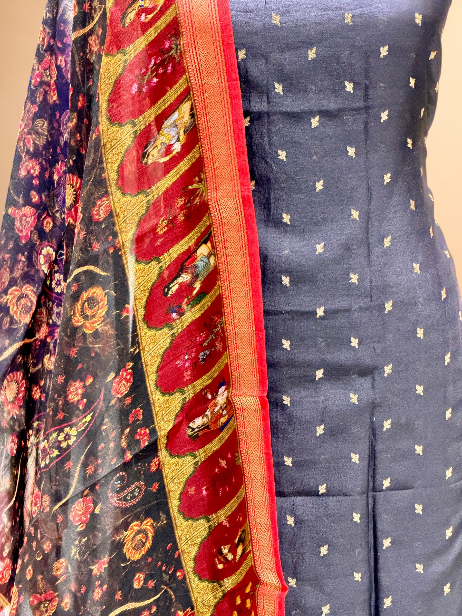 Black Chanderi Silk Suit Sets With Printed Dupatta