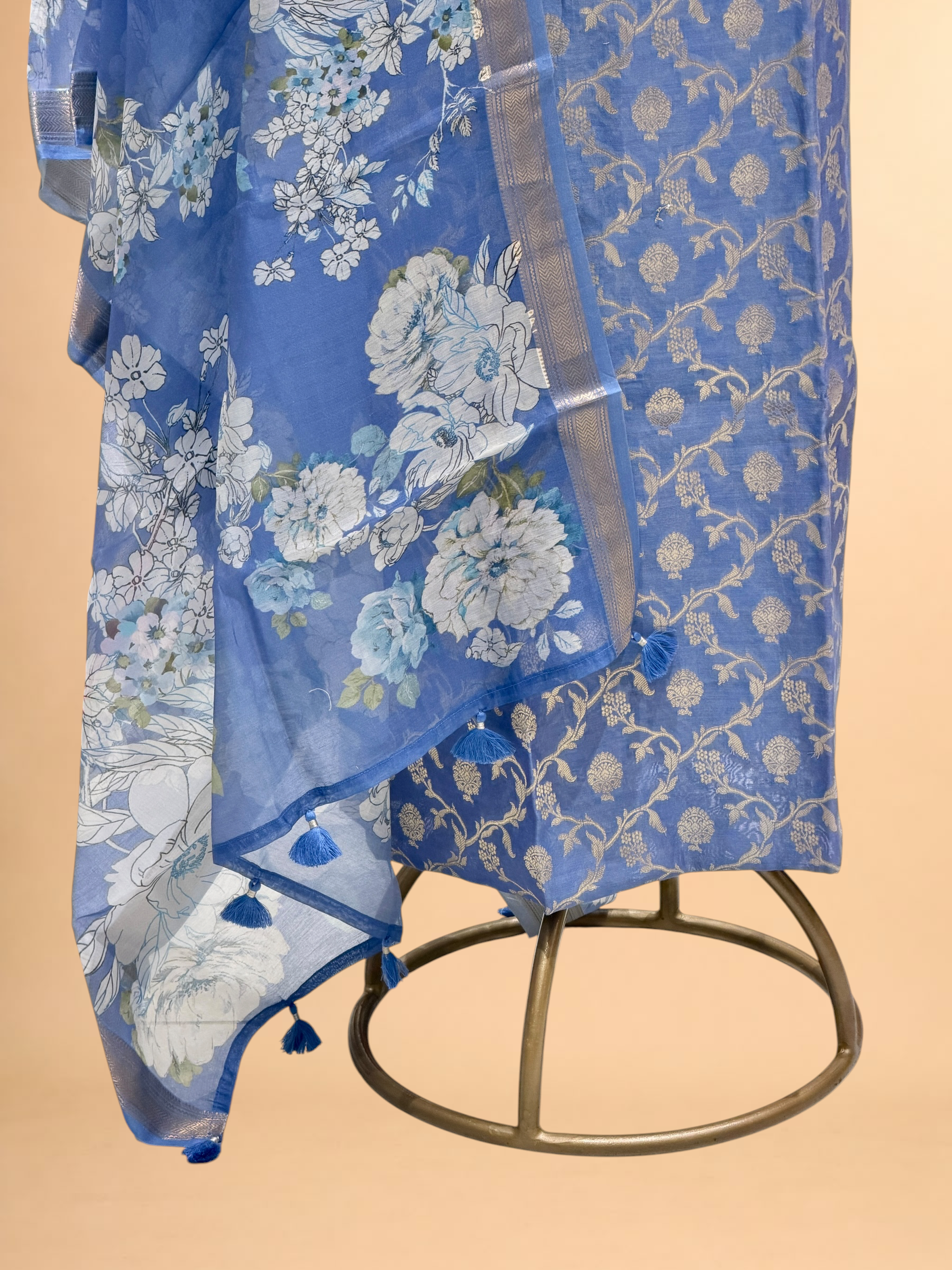 Cornflower Blue Chanderi Silk Suit Sets With Floral Printed Dupatta