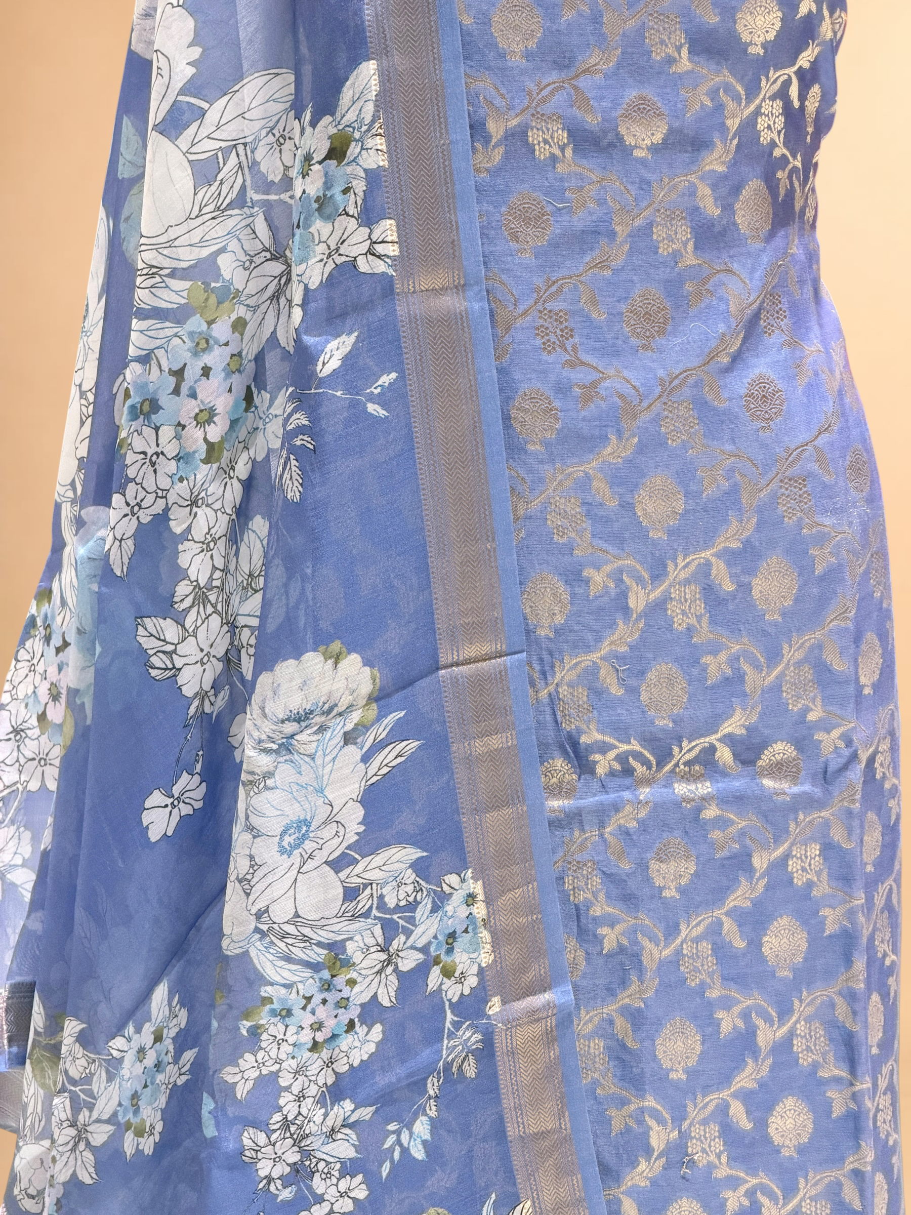 Cornflower Blue Chanderi Silk Suit Sets With Floral Printed Dupatta