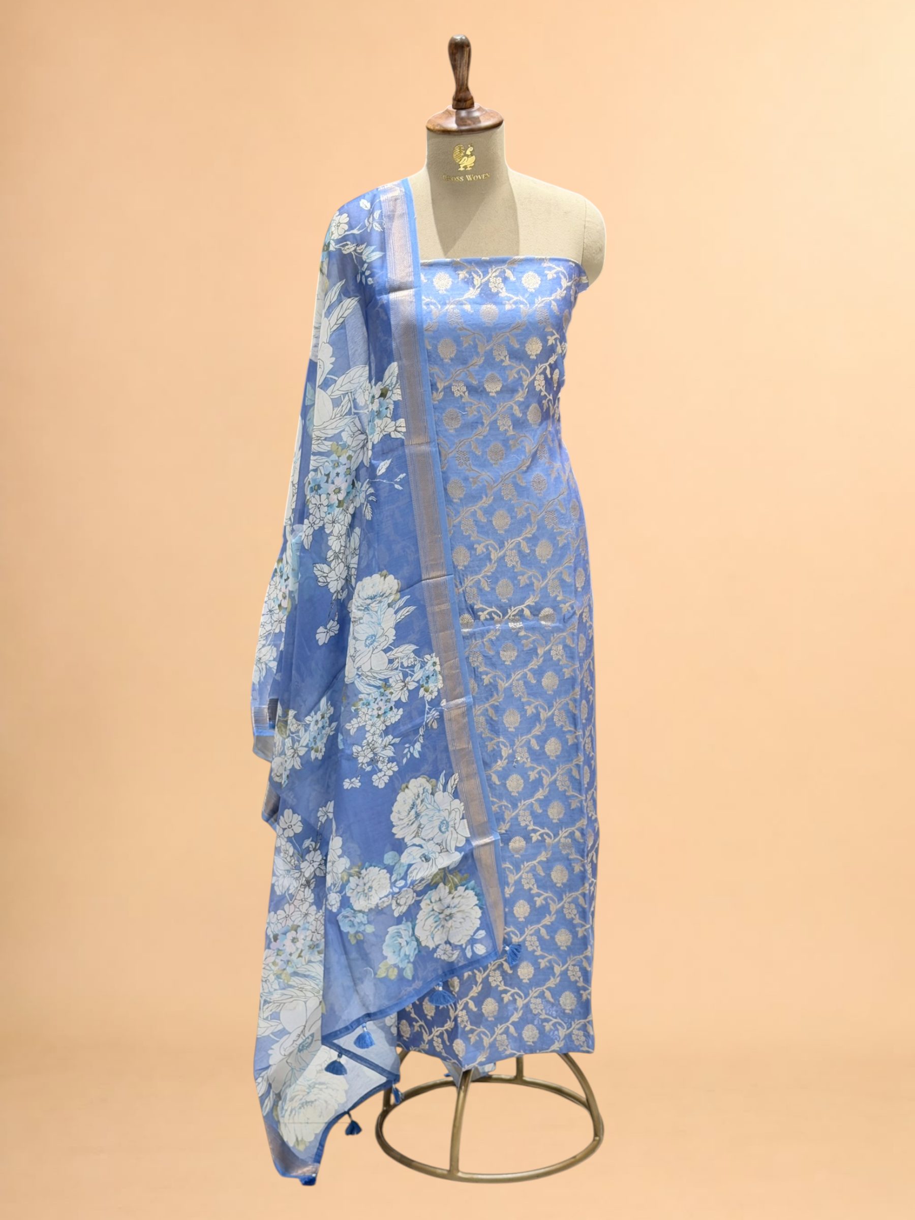 Cornflower Blue Chanderi Silk Suit Sets With Floral Printed Dupatta
