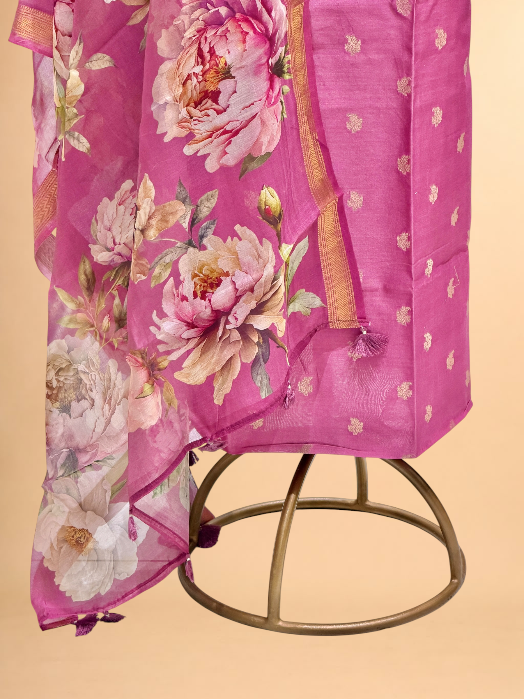 Rose Pink Chanderi Silk Suit Sets With Floral Printed Dupatta
