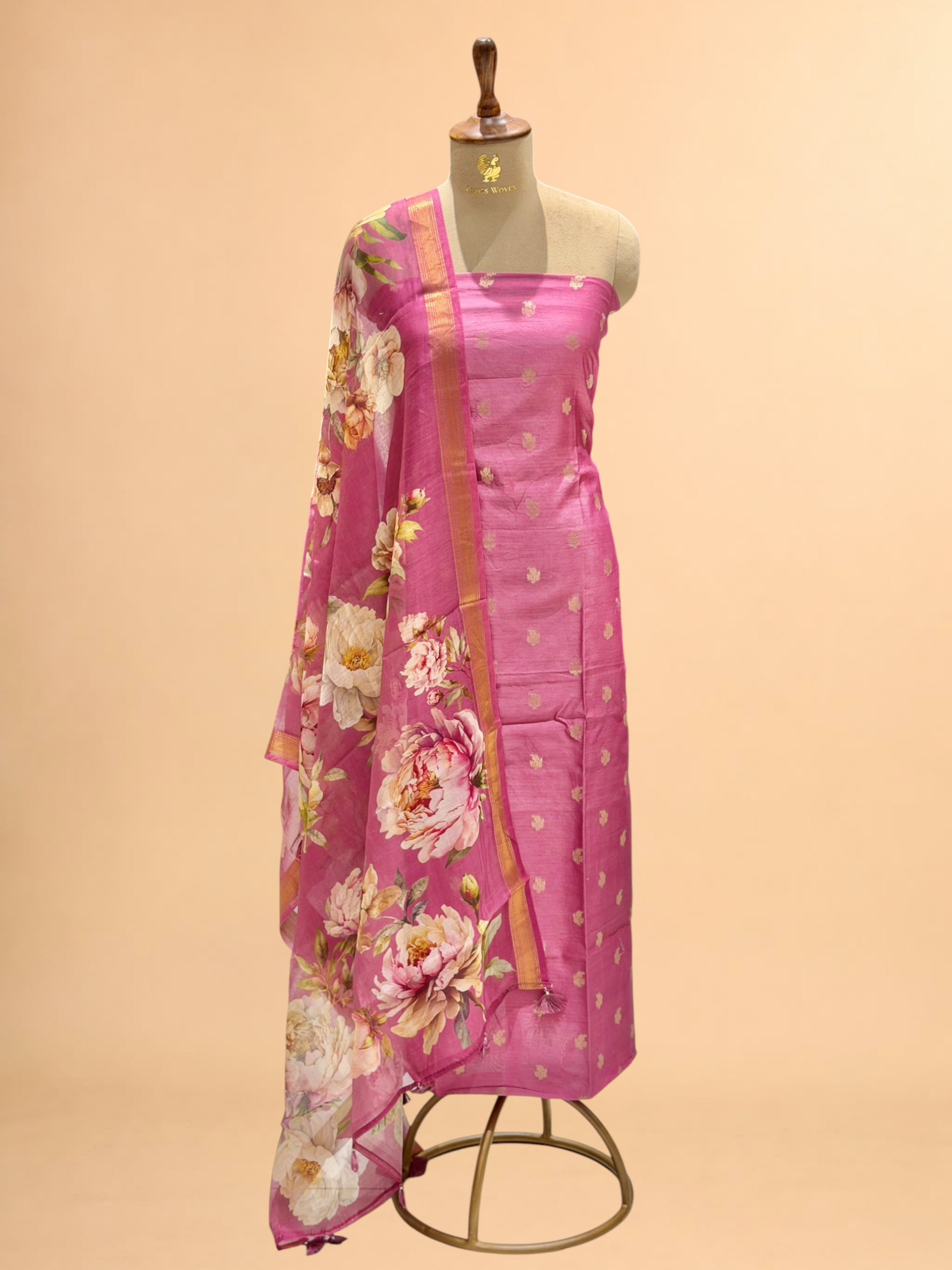 Rose Pink Chanderi Silk Suit Sets With Floral Printed Dupatta