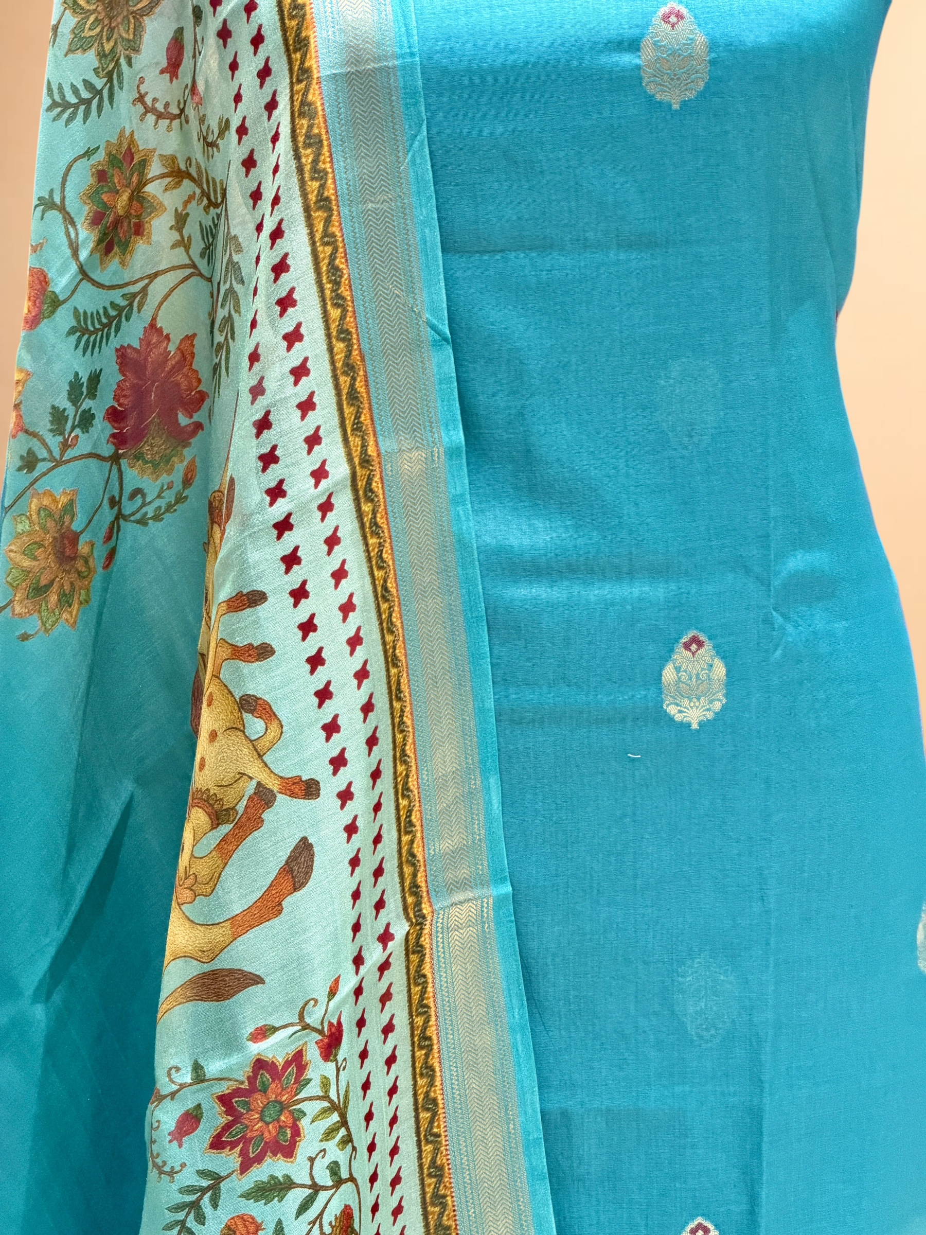 Peacock Blue Chanderi Silk Suit Sets With Printed Dupatta