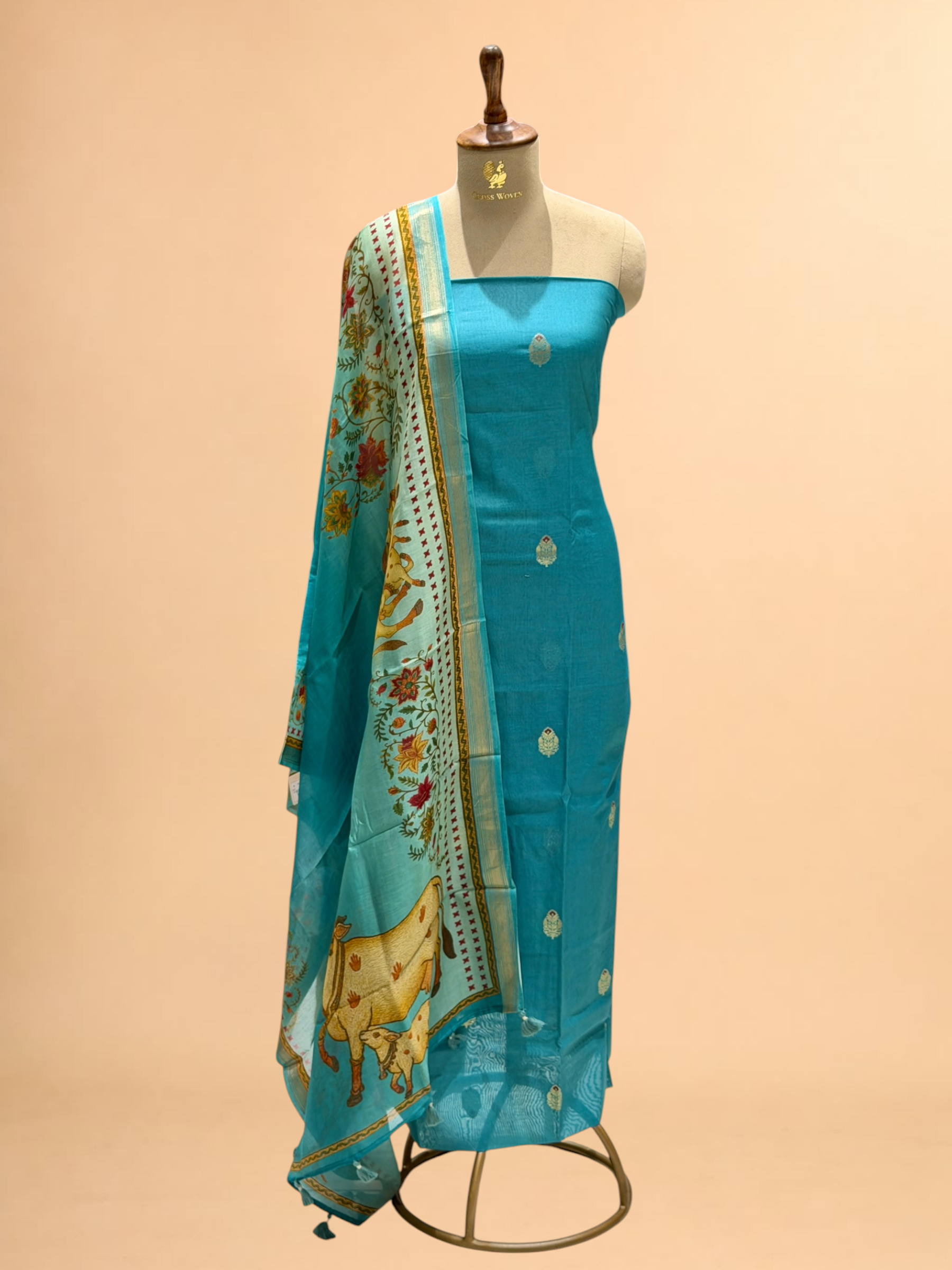Peacock Blue Chanderi Silk Suit Sets With Printed Dupatta
