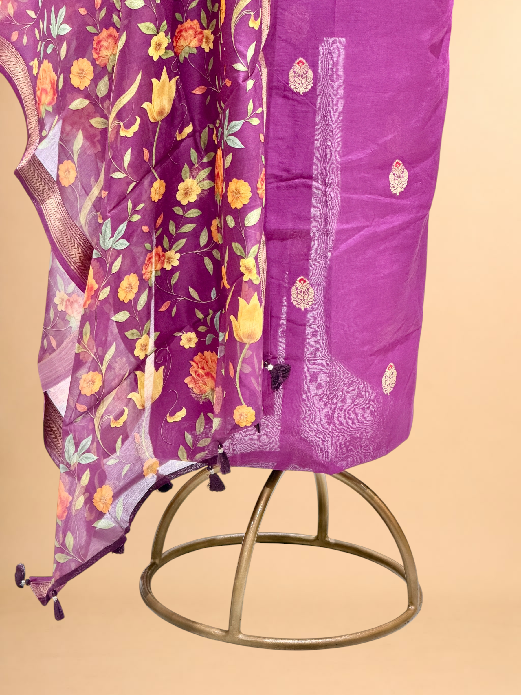Royal Purple Chanderi Silk Suit Sets With Floral Printed Dupatta