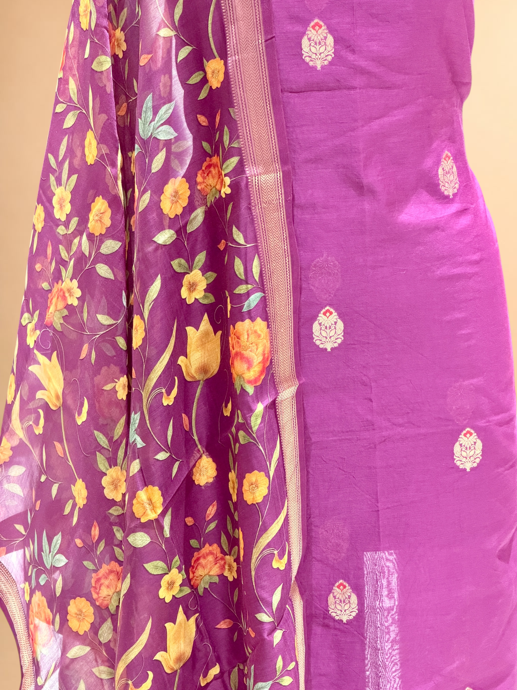 Royal Purple Chanderi Silk Suit Sets With Floral Printed Dupatta