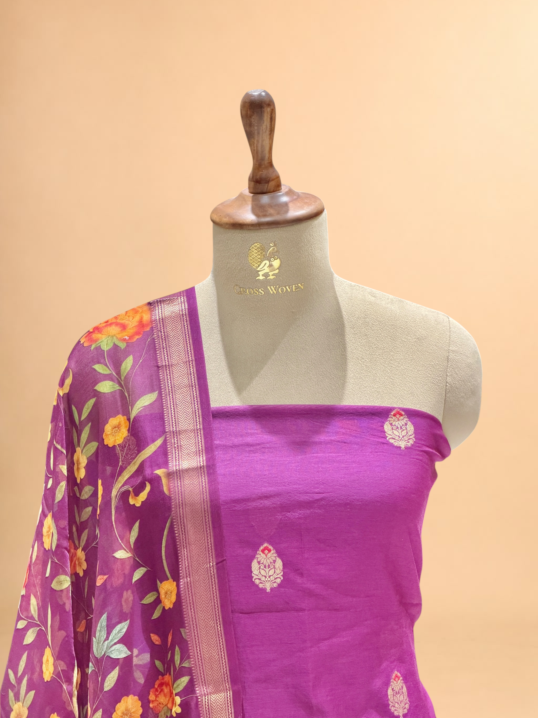 Royal Purple Chanderi Silk Suit Sets With Floral Printed Dupatta