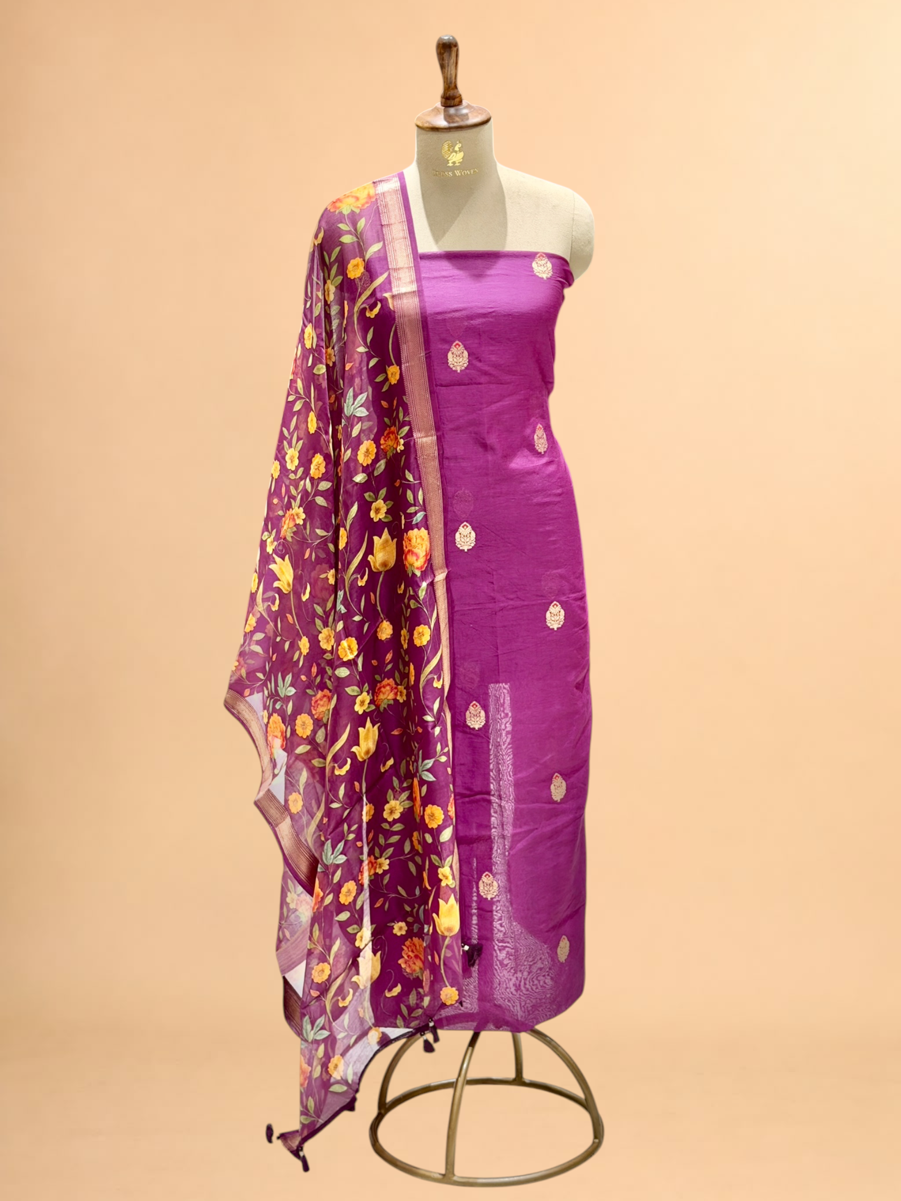 Royal Purple Chanderi Silk Suit Sets With Floral Printed Dupatta