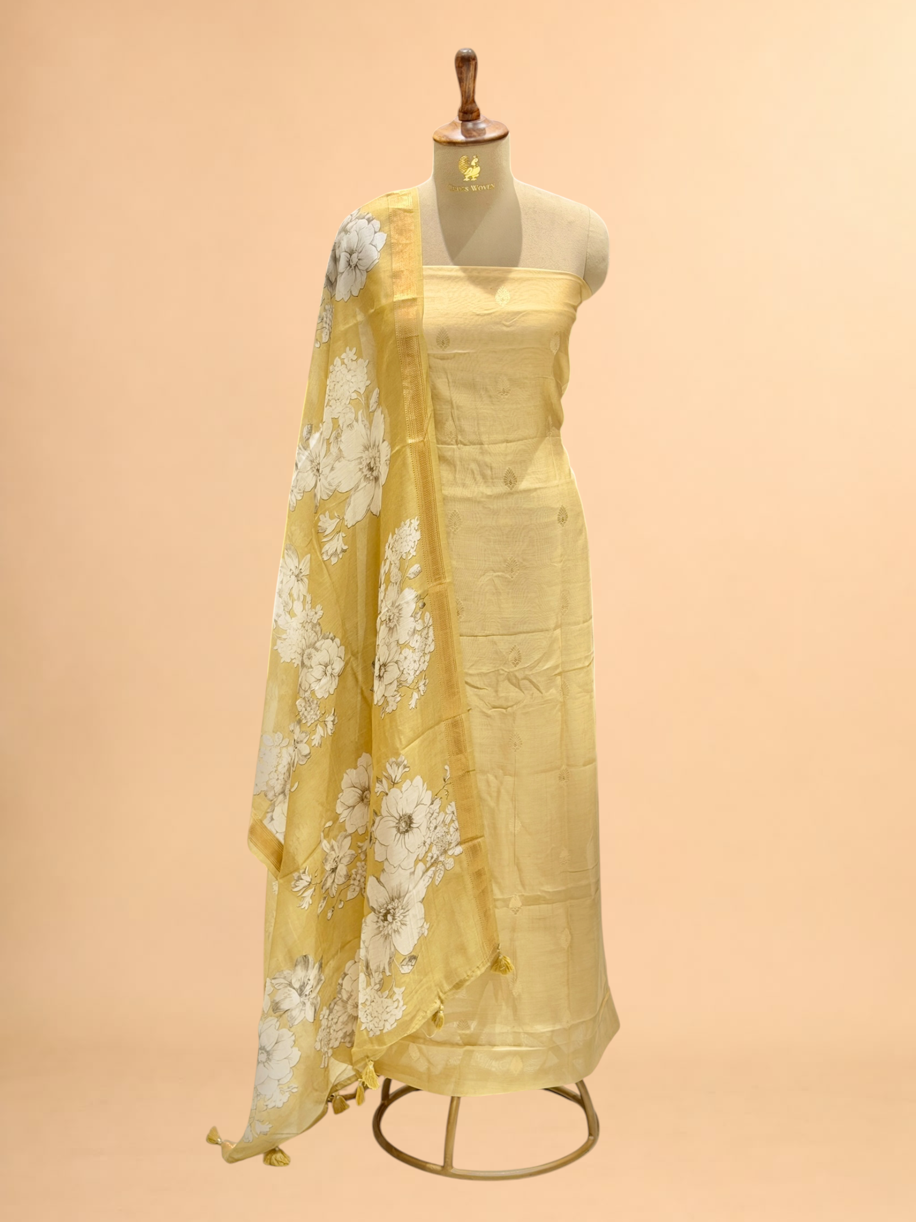 Pastel Yellow  Chanderi Silk Suit Sets With Floral Printed Dupatta