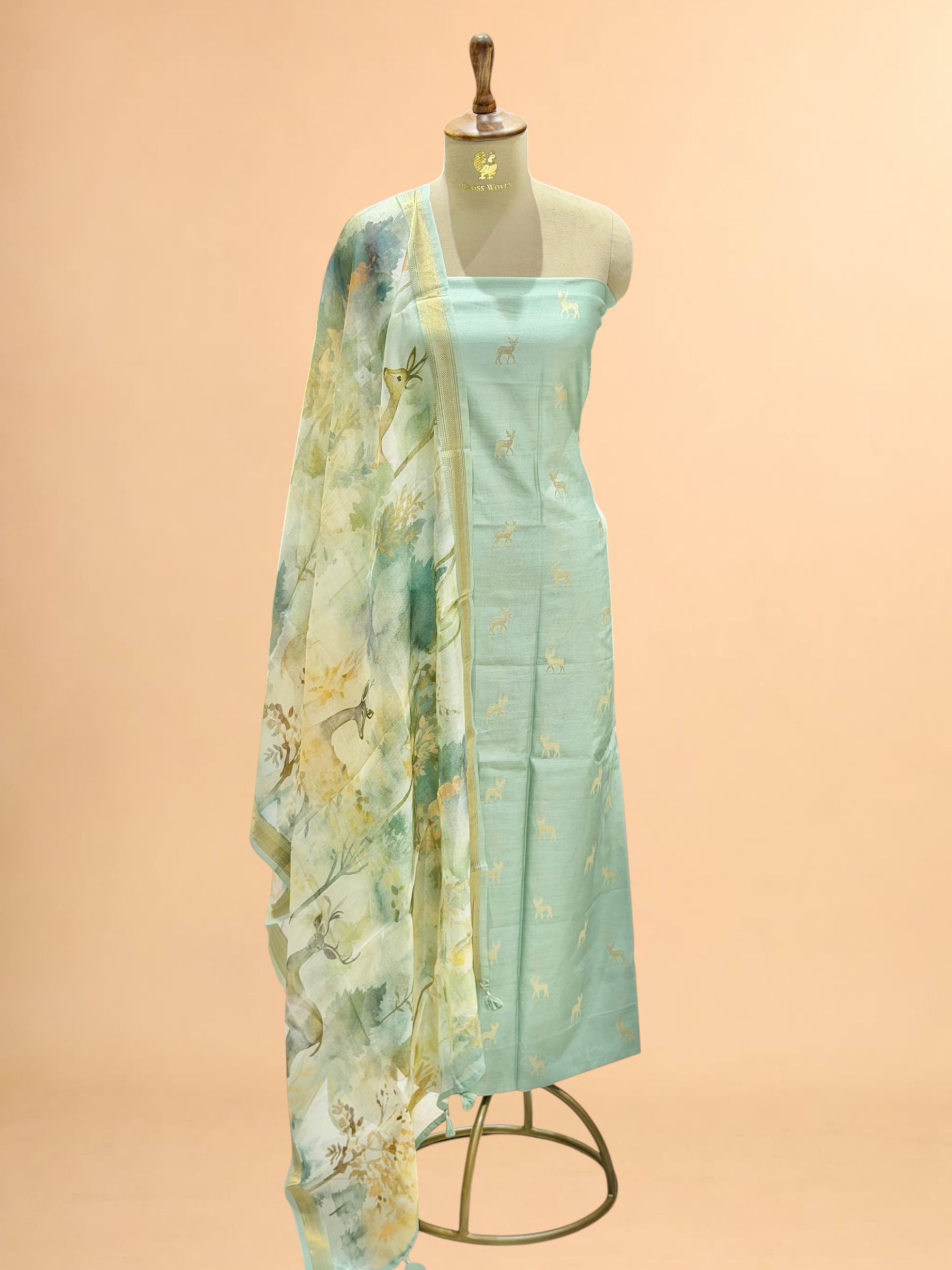 Pastel Mint Green Chanderi Silk Suit Sets With Printed Dupatta