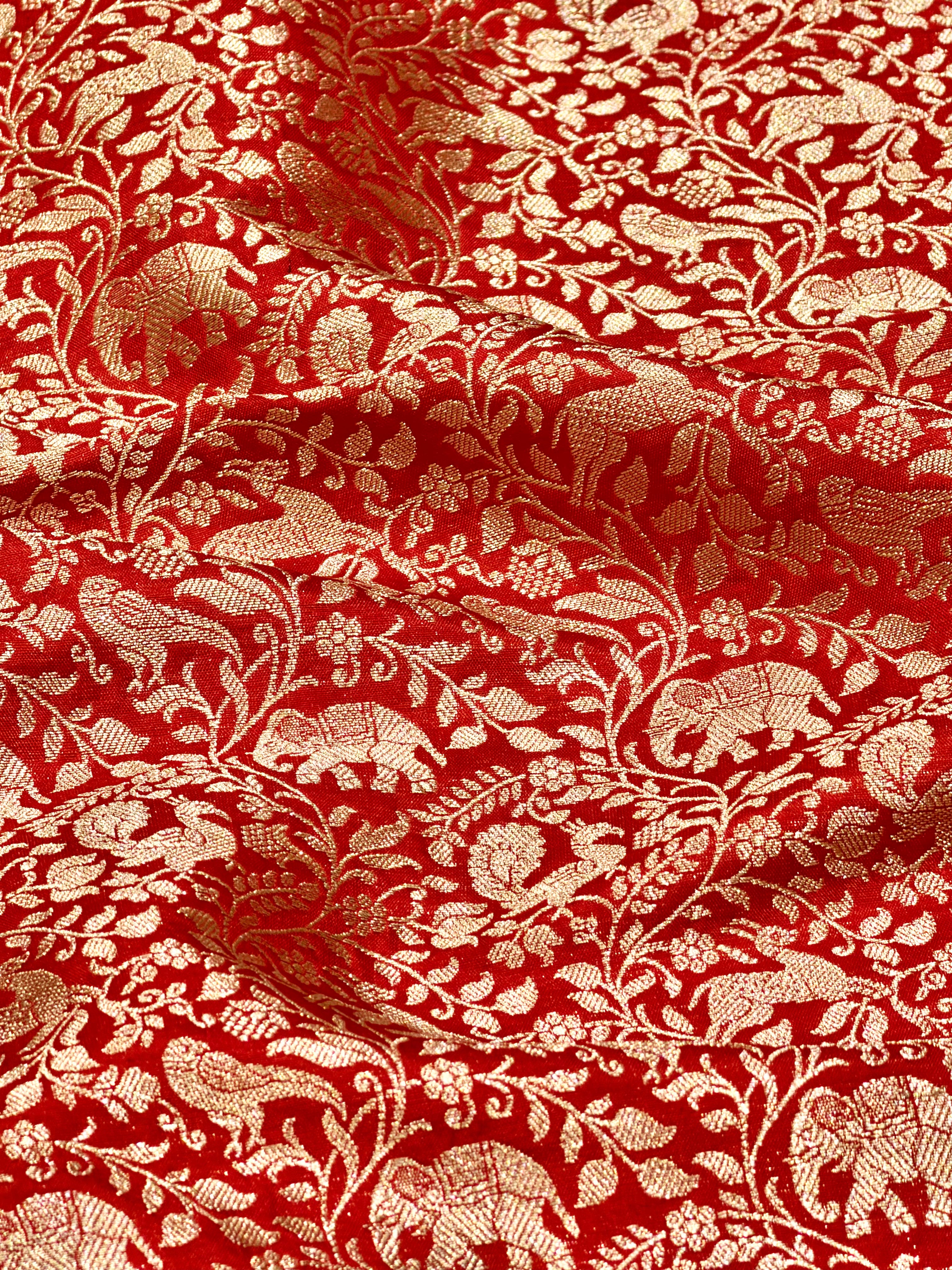 Red Shikargah Katan Silk Handloom Fabric