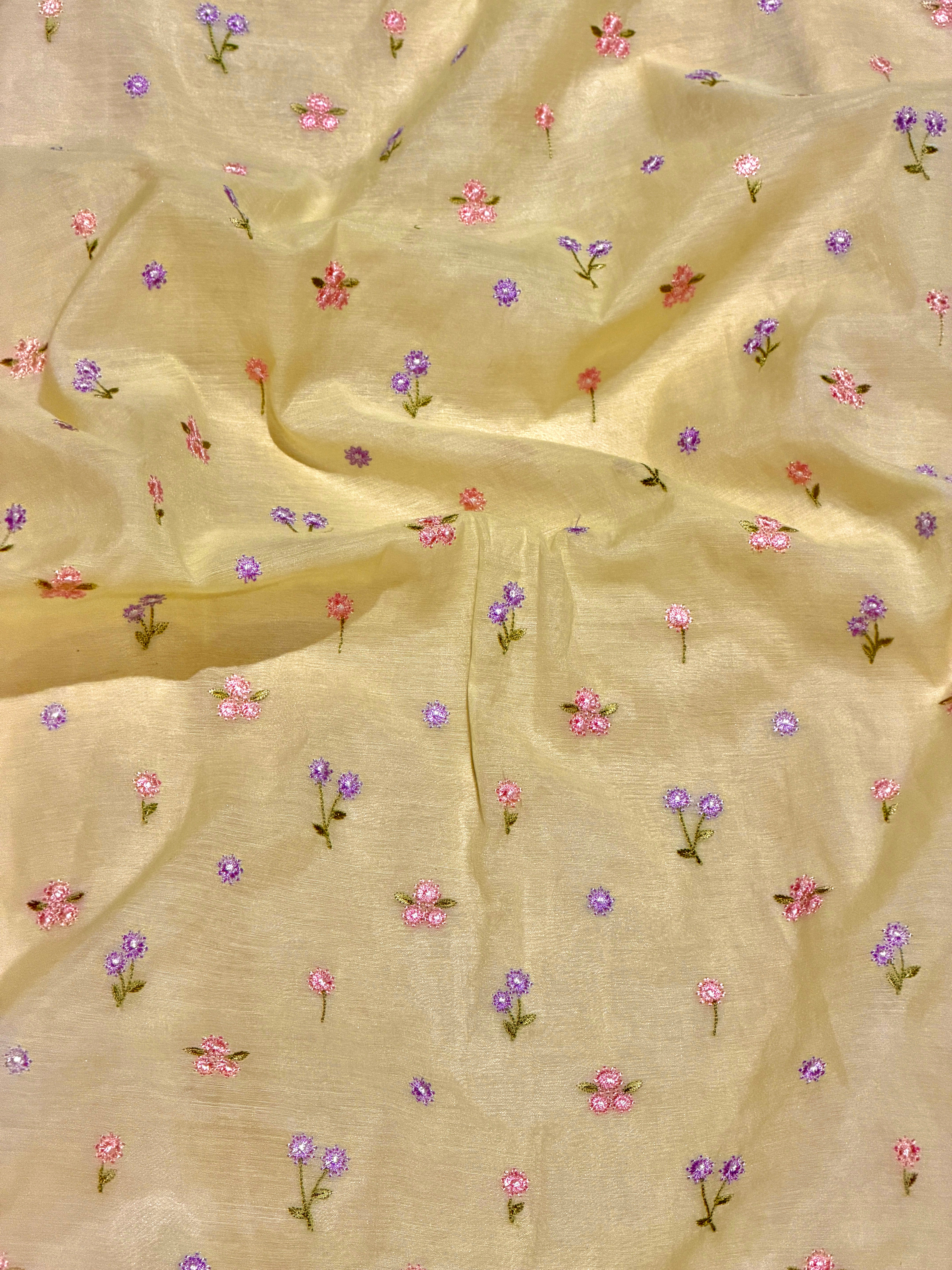 Pastel Yellow Mul Fabric with Floral Embroidered Pattern