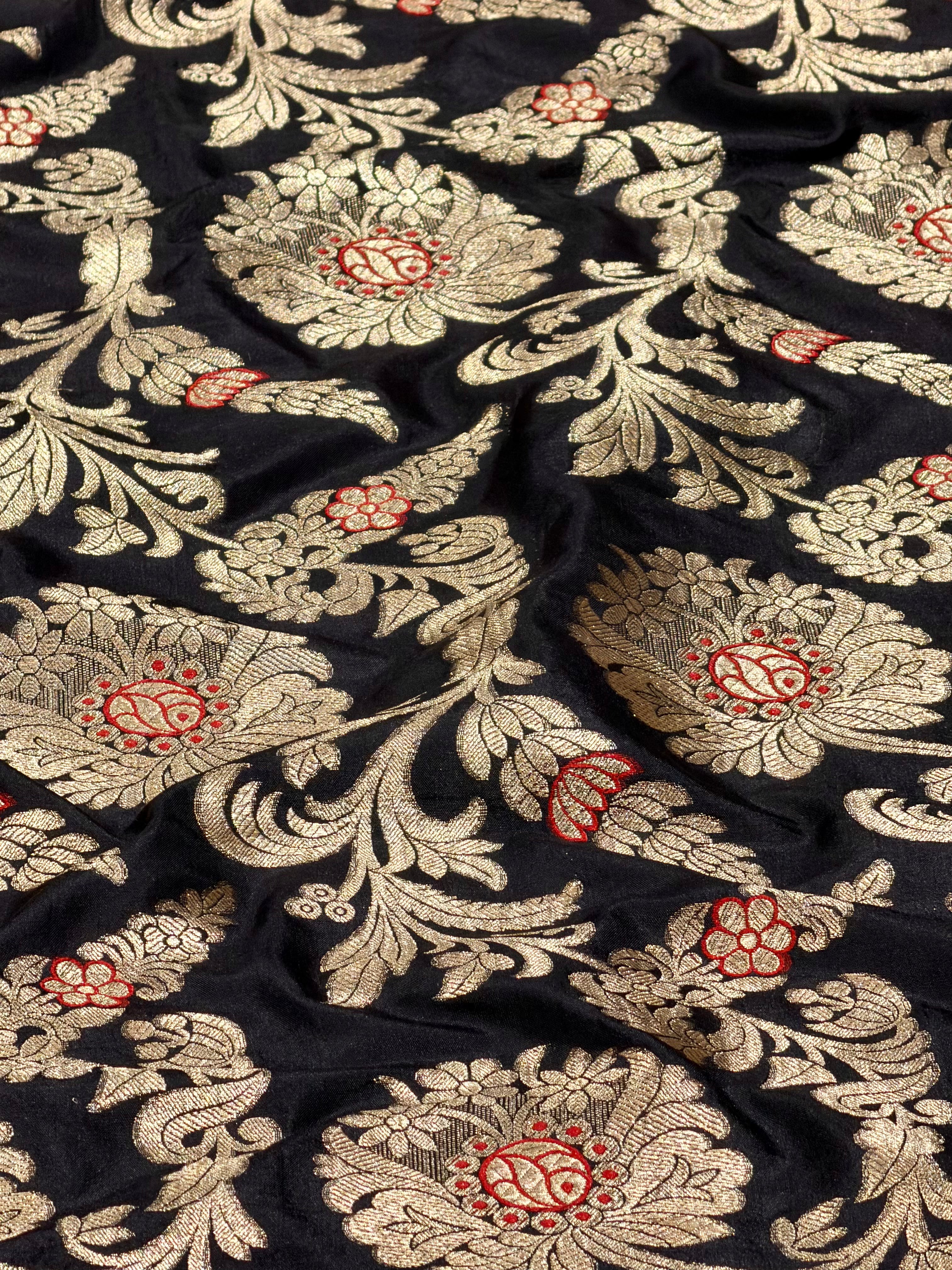 Black Meenakari Katan Silk Handloom Fabric