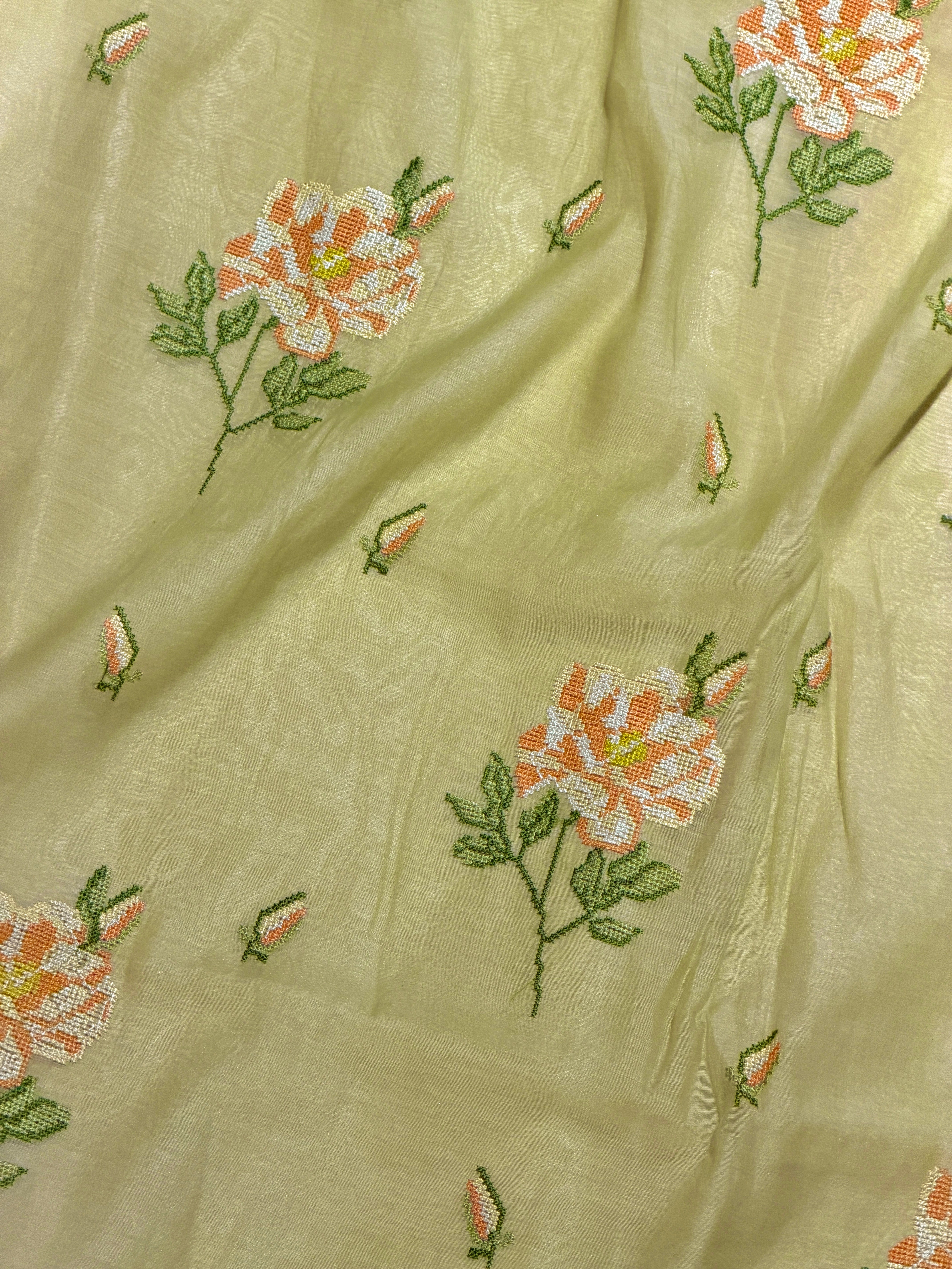 White Mul Fabric with Pink Floral Embroidered Pattern