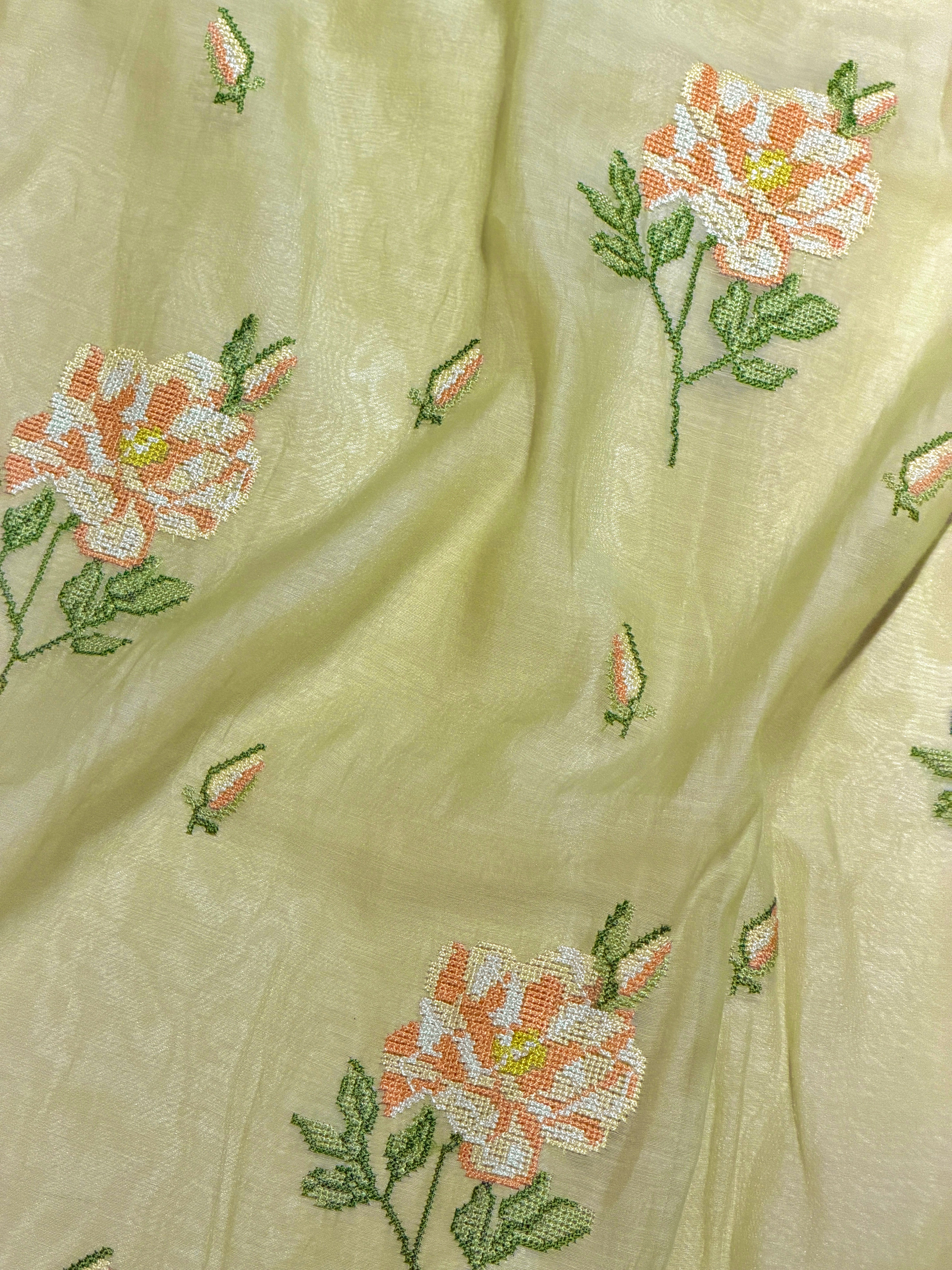 White Mul Fabric with Pink Floral Embroidered Pattern