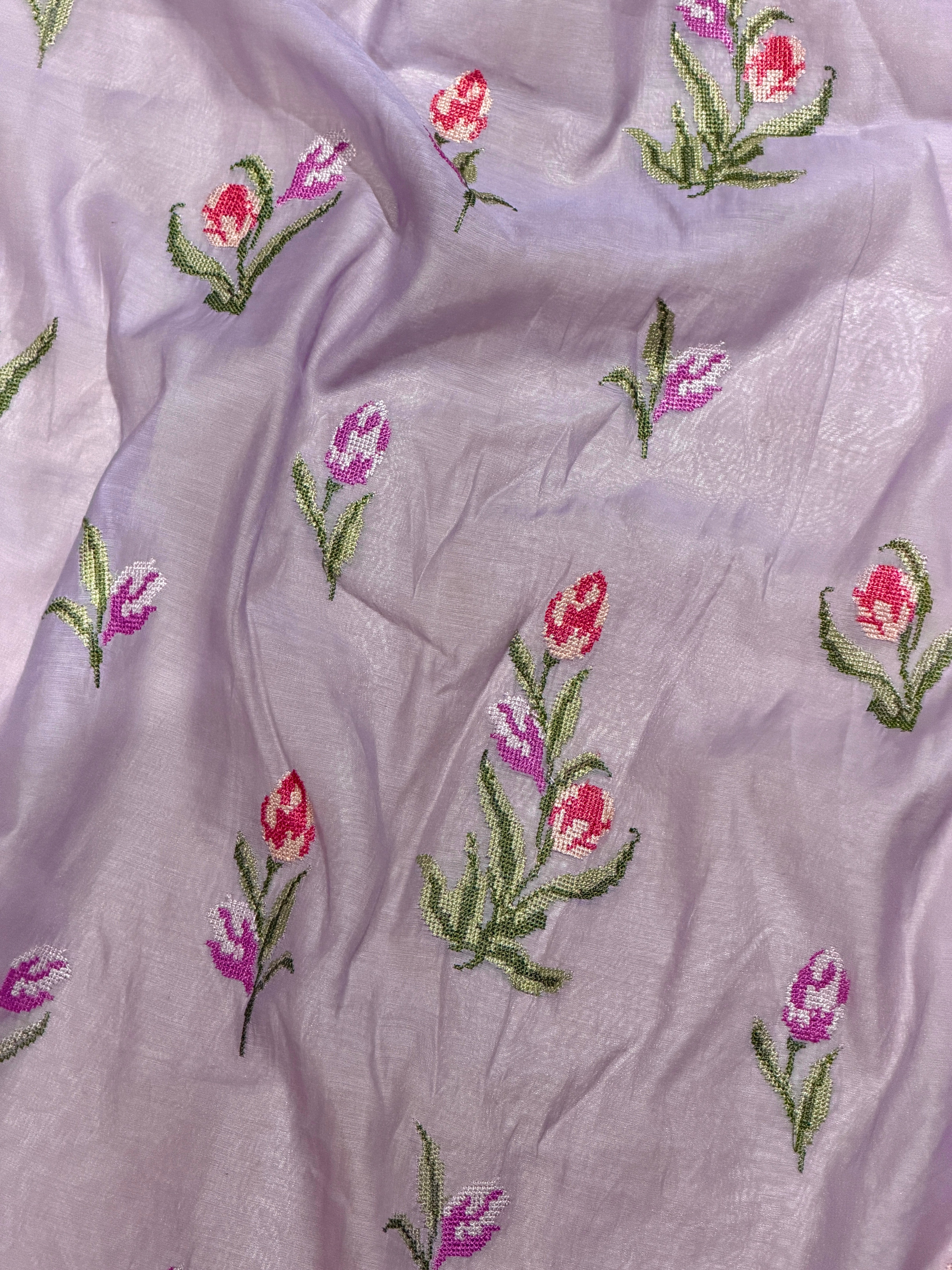 Soft Lilac Mul Fabric with Floral Embroidered Pattern