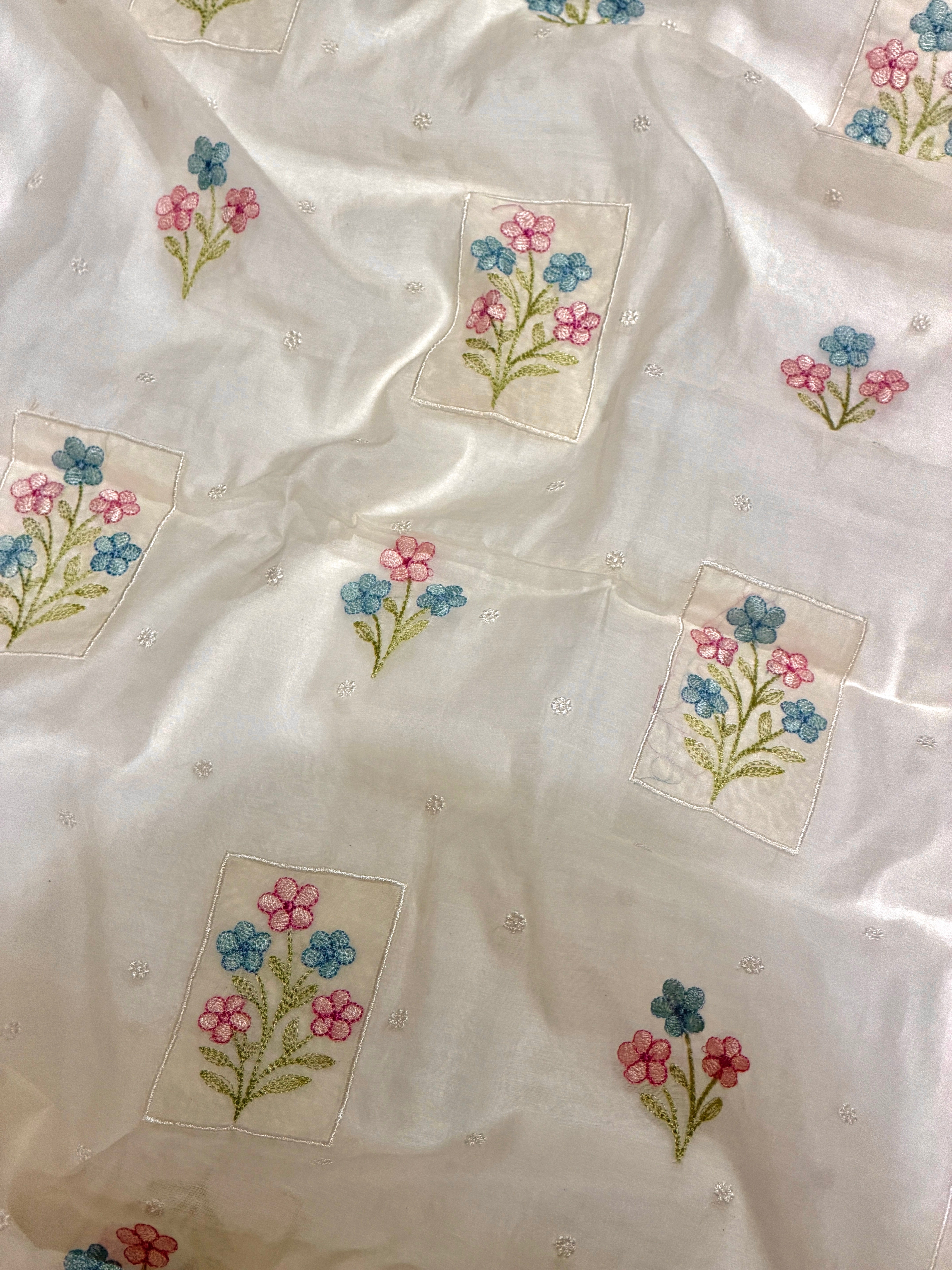 White Mul Fabric with Floral Embroidered Pattern