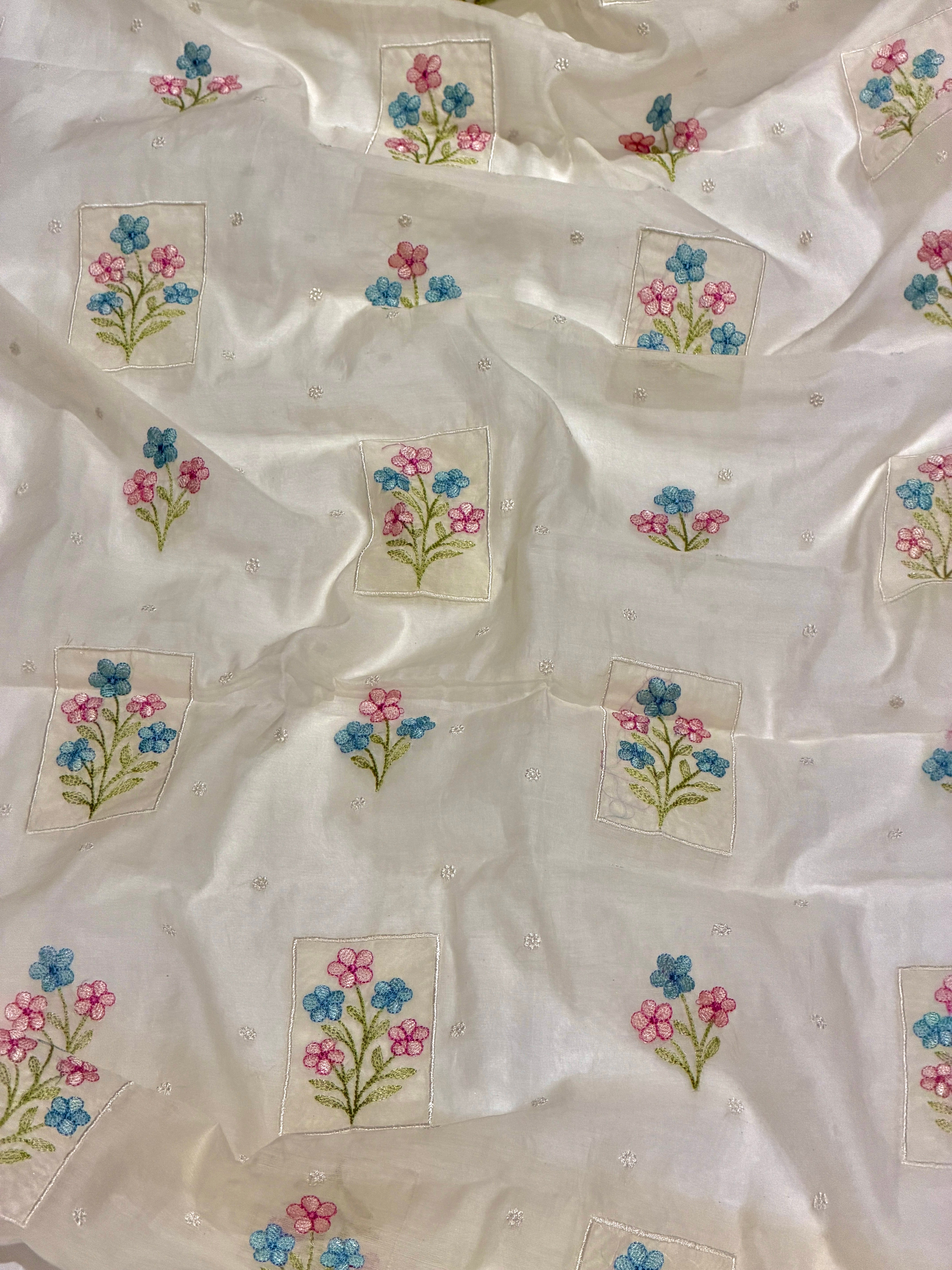 White Mul Fabric with Floral Embroidered Pattern