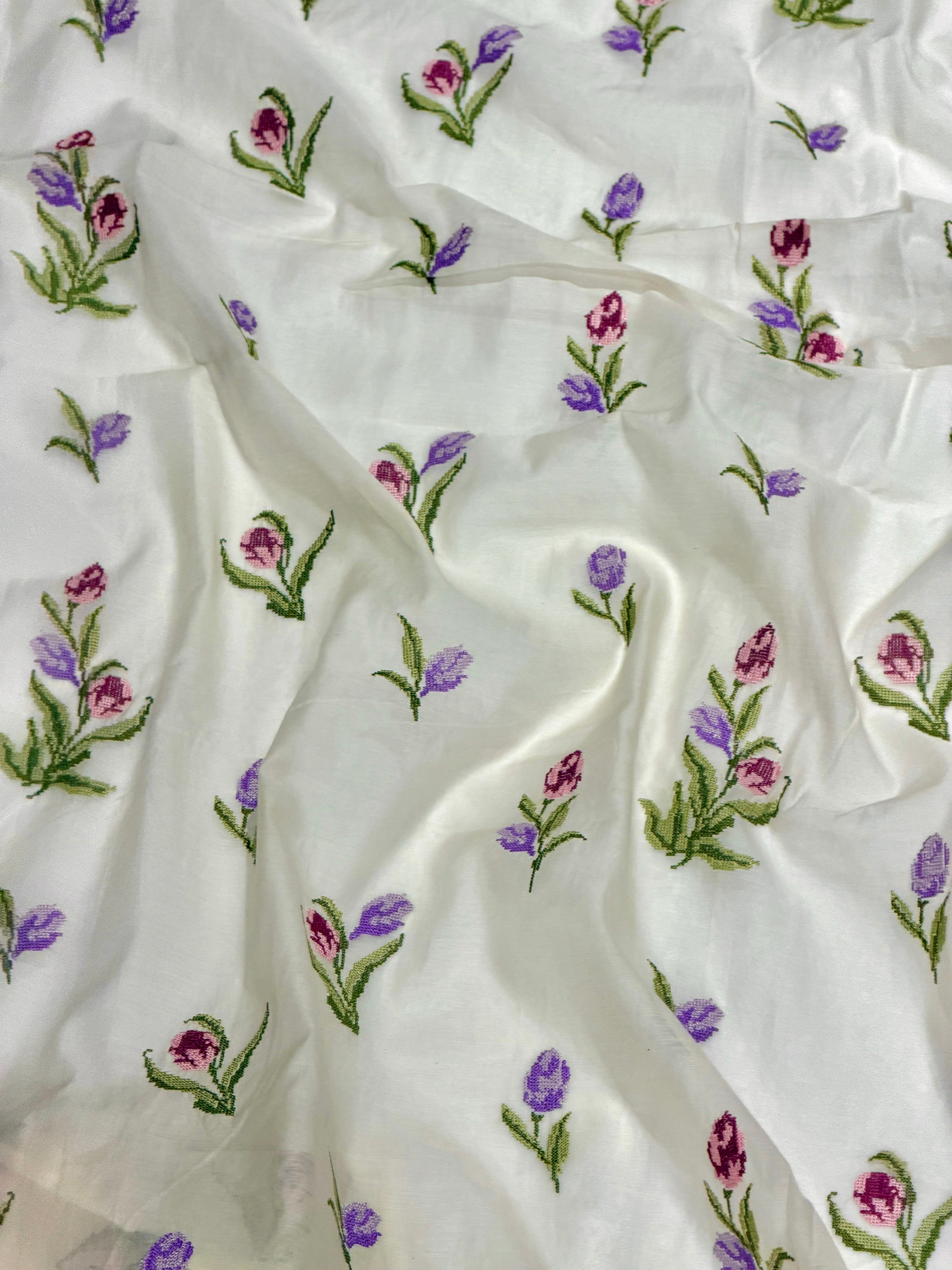 White Mul Fabric with Floral Embroidered Pattern