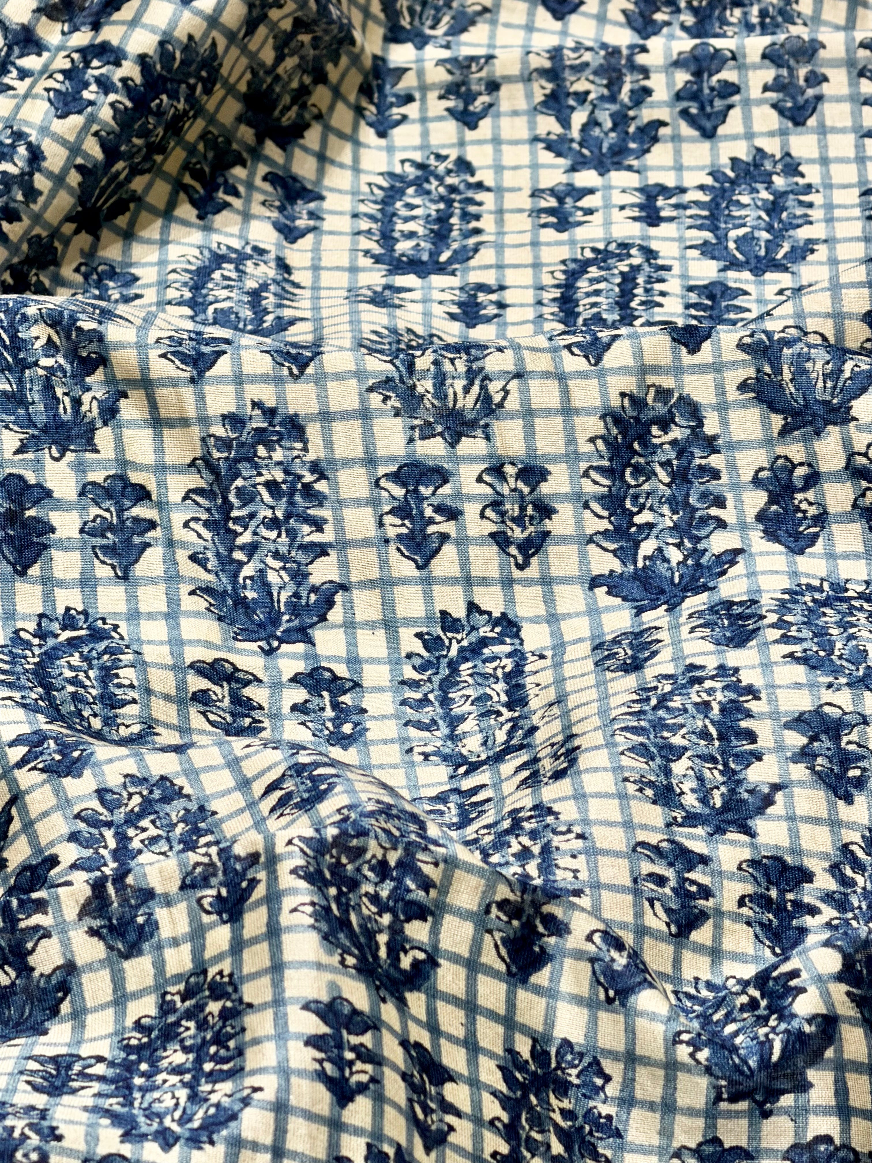 Indigo Floral Motif on Checkered Chanderi Silk Fabric