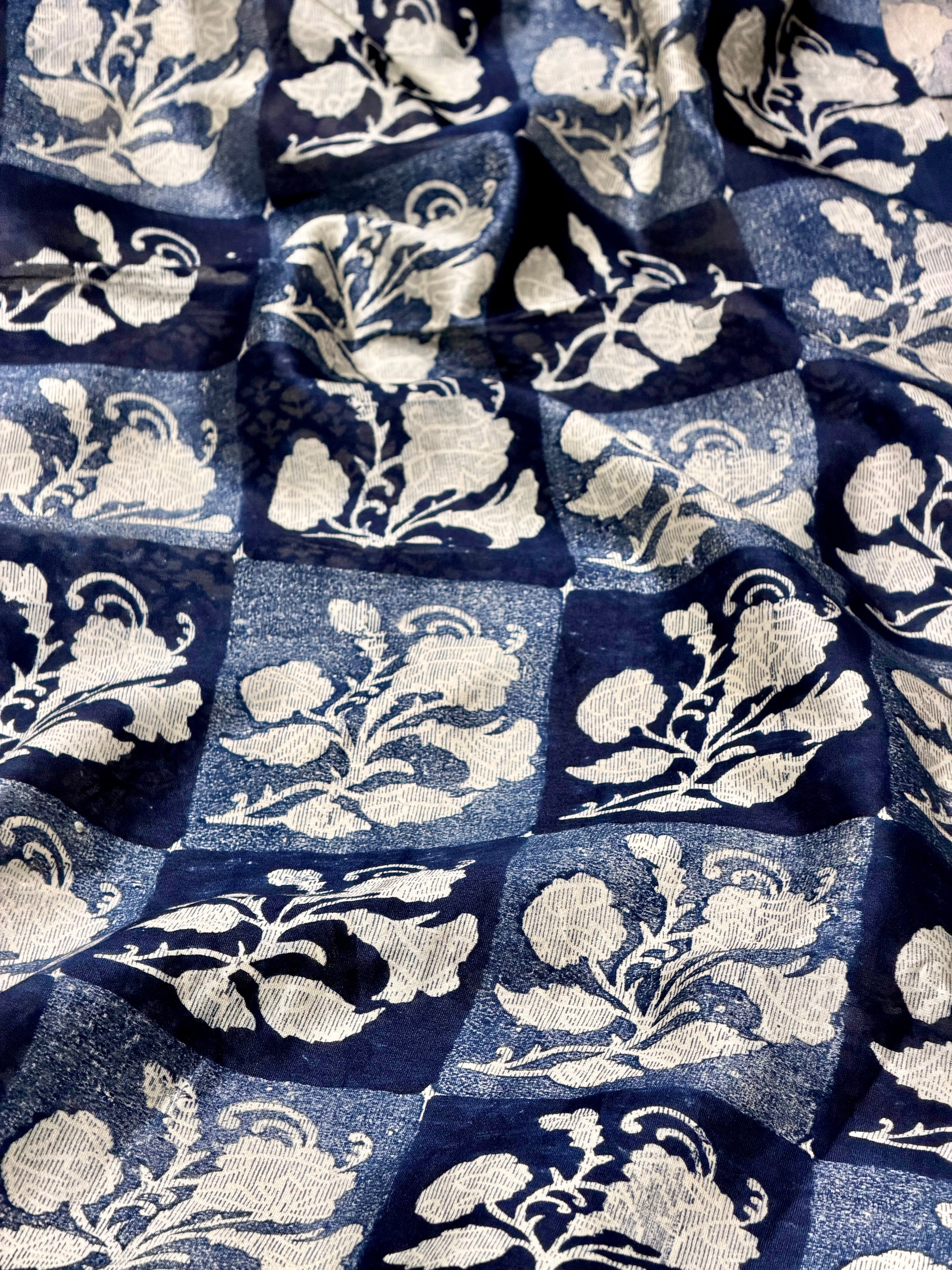 Checkered Chanderi Silk Fabric With Floral Motifs