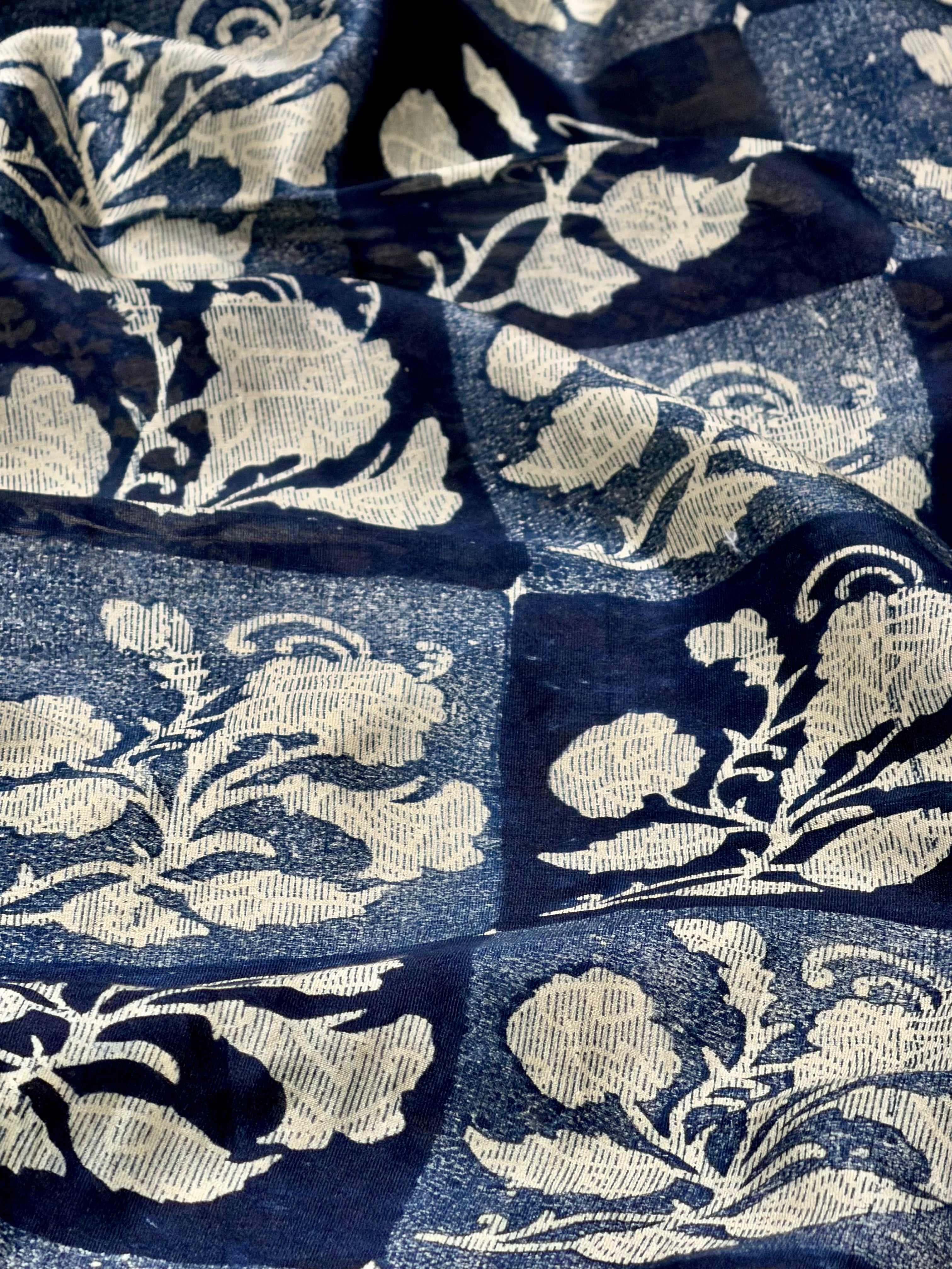 Checkered Chanderi Silk Fabric With Floral Motifs